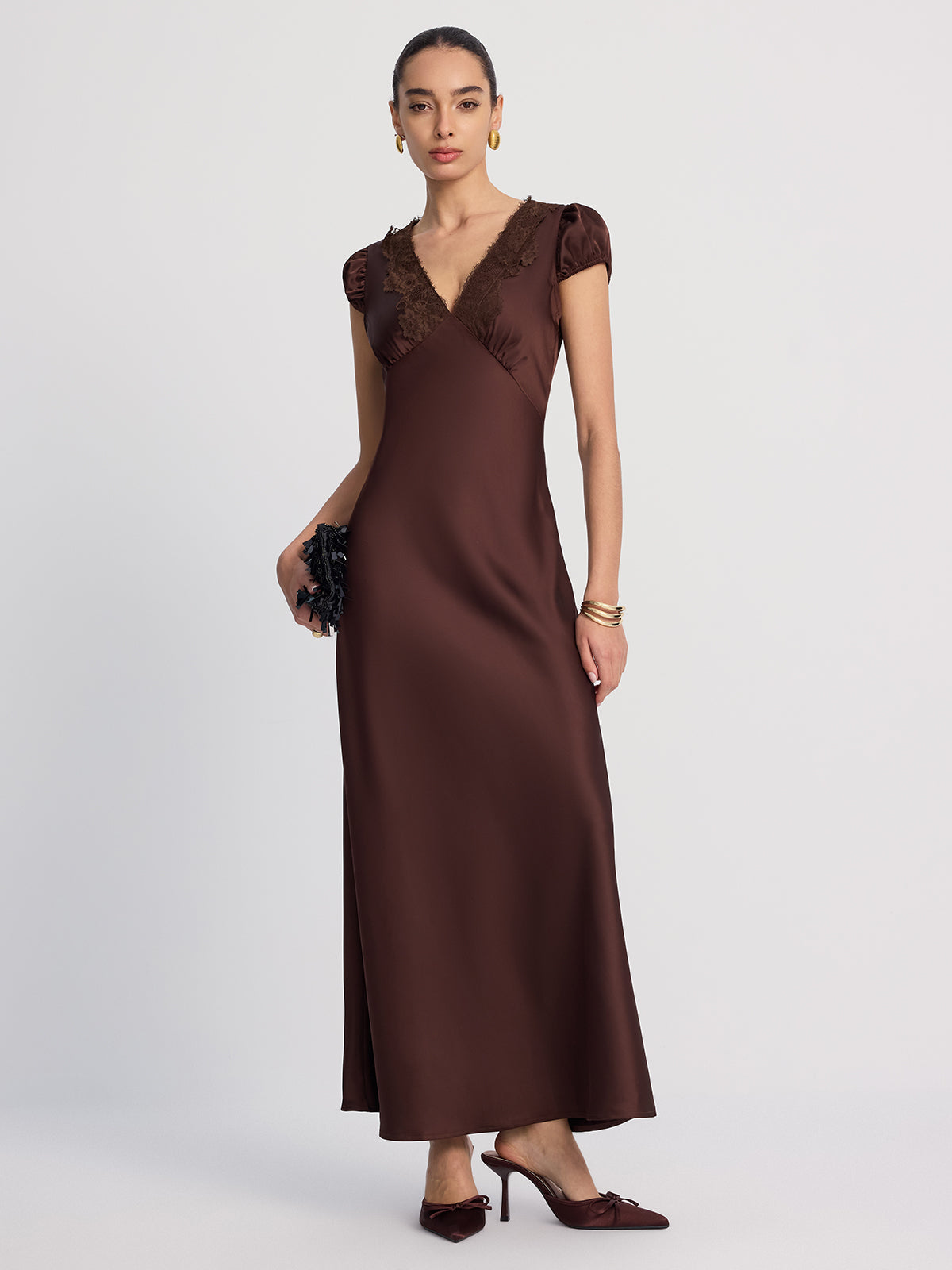 Lace-Trimmed Satin V-Neck Maxi Dress-Chicvia