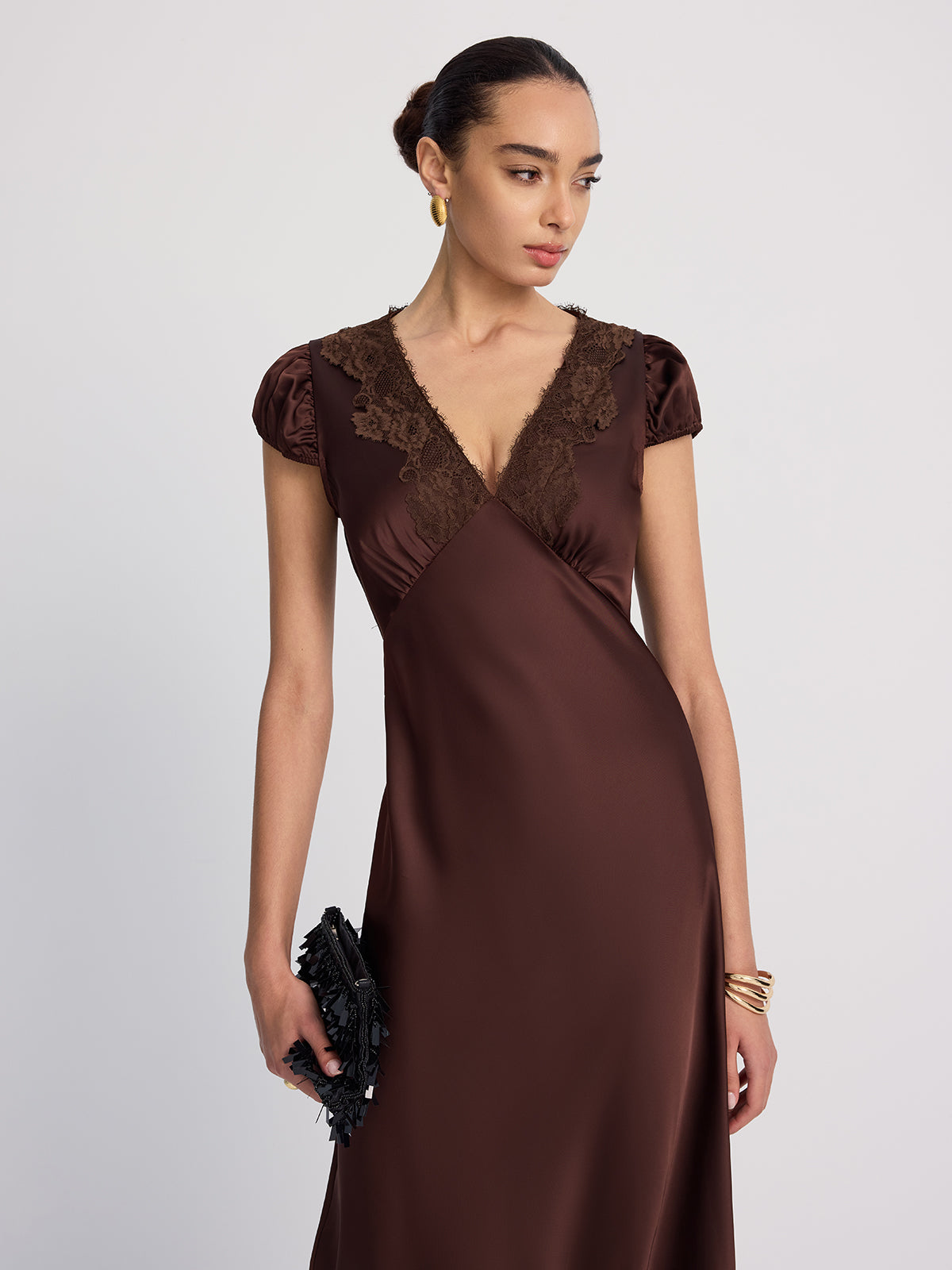 Lace-Trimmed Satin V-Neck Maxi Dress-Chicvia