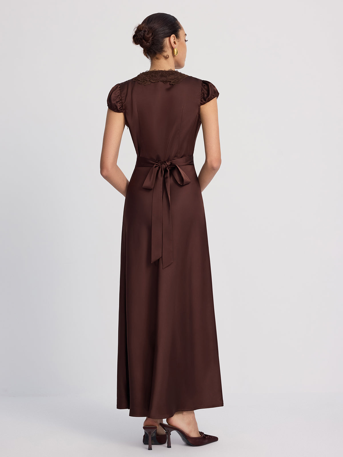 Lace-Trimmed Satin V-Neck Maxi Dress-Chicvia