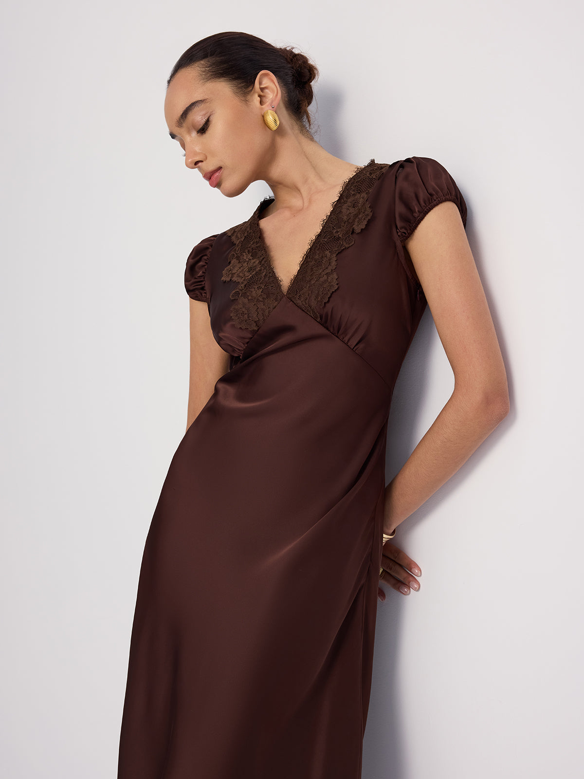 Lace-Trimmed Satin V-Neck Maxi Dress-Chicvia