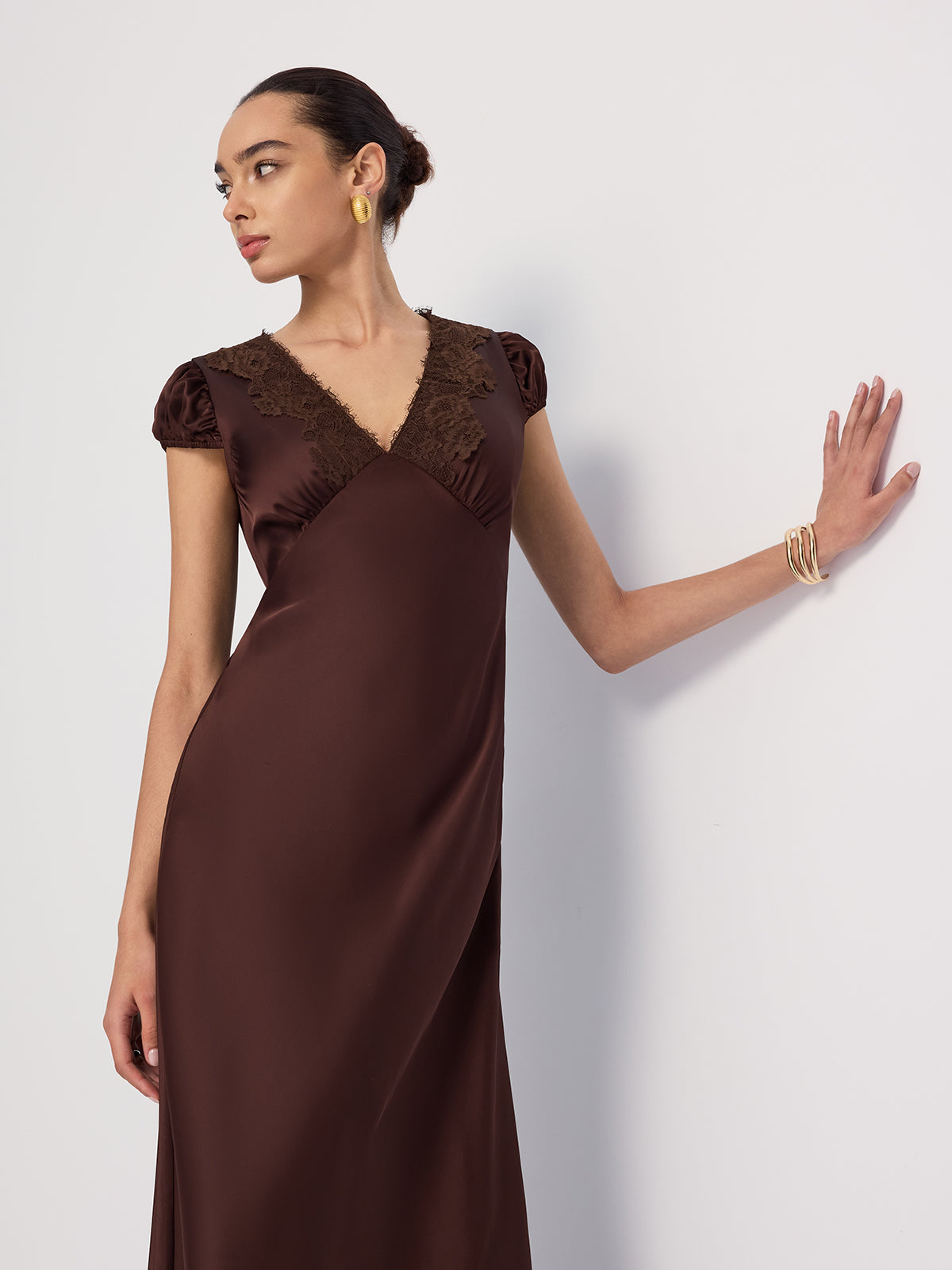 Lace-Trimmed Satin V-Neck Maxi Dress-Chicvia