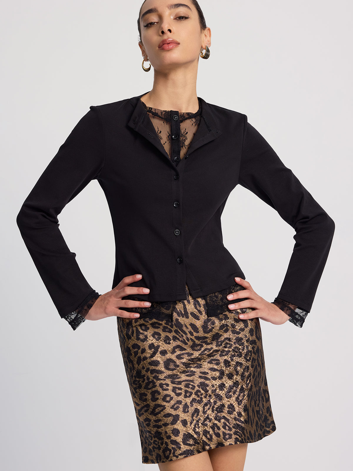 Lace-Inset Button Blazer-Chicvia