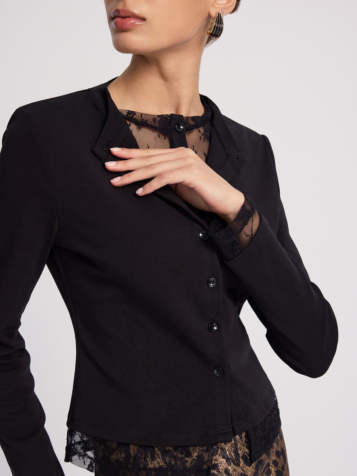 Lace-Inset Button Blazer-Chicvia