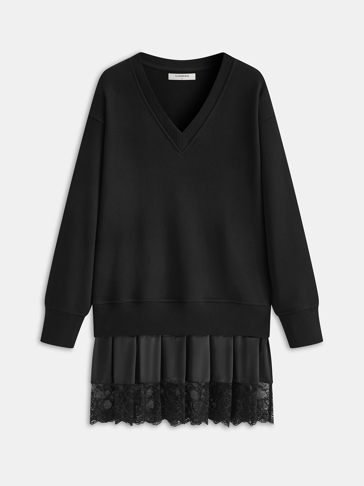 Pleated Hem Lace-Trimmed Sweatshirt Dress-Chicvia