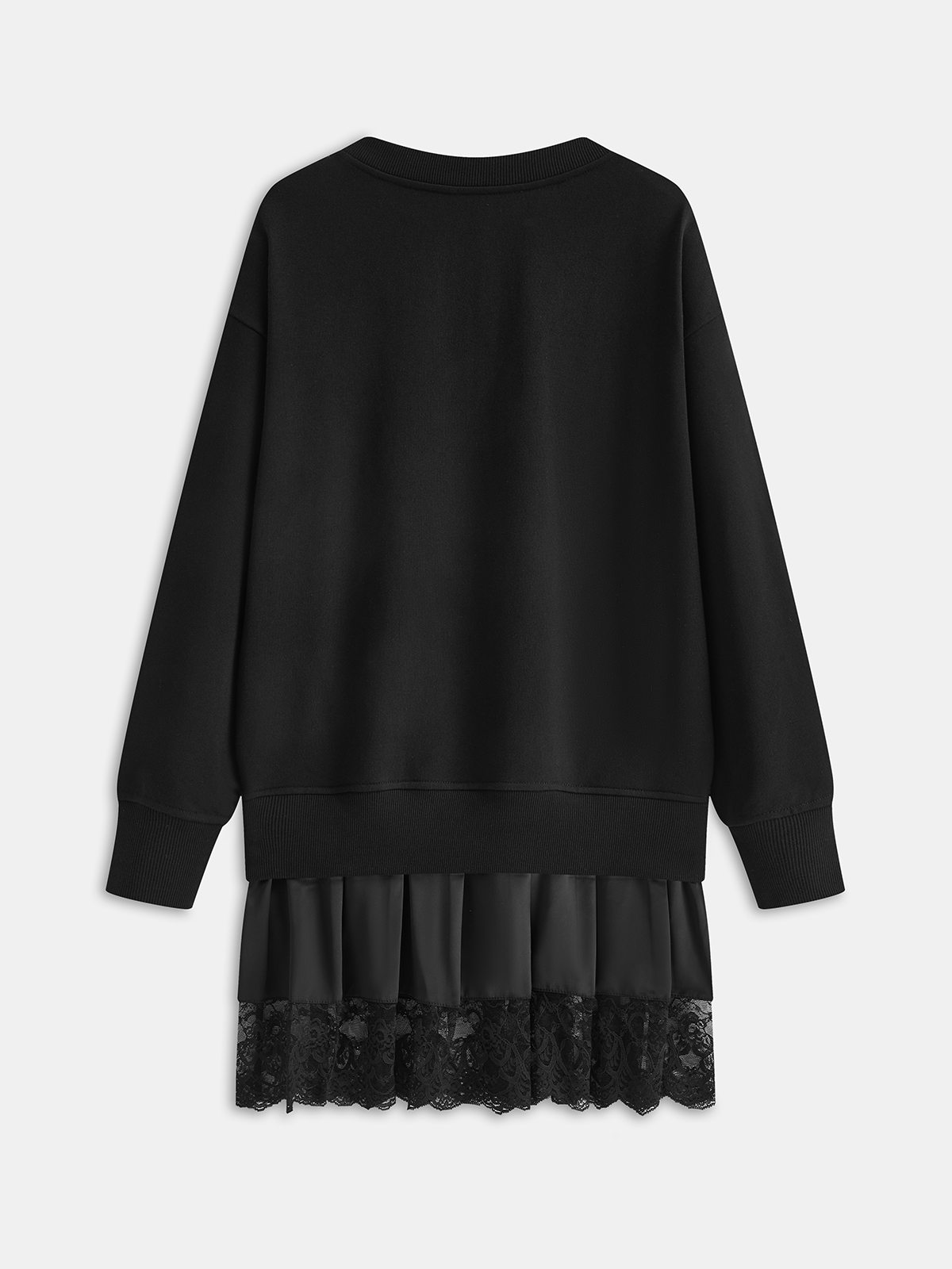 Pleated Hem Lace-Trimmed Sweatshirt Dress-Chicvia