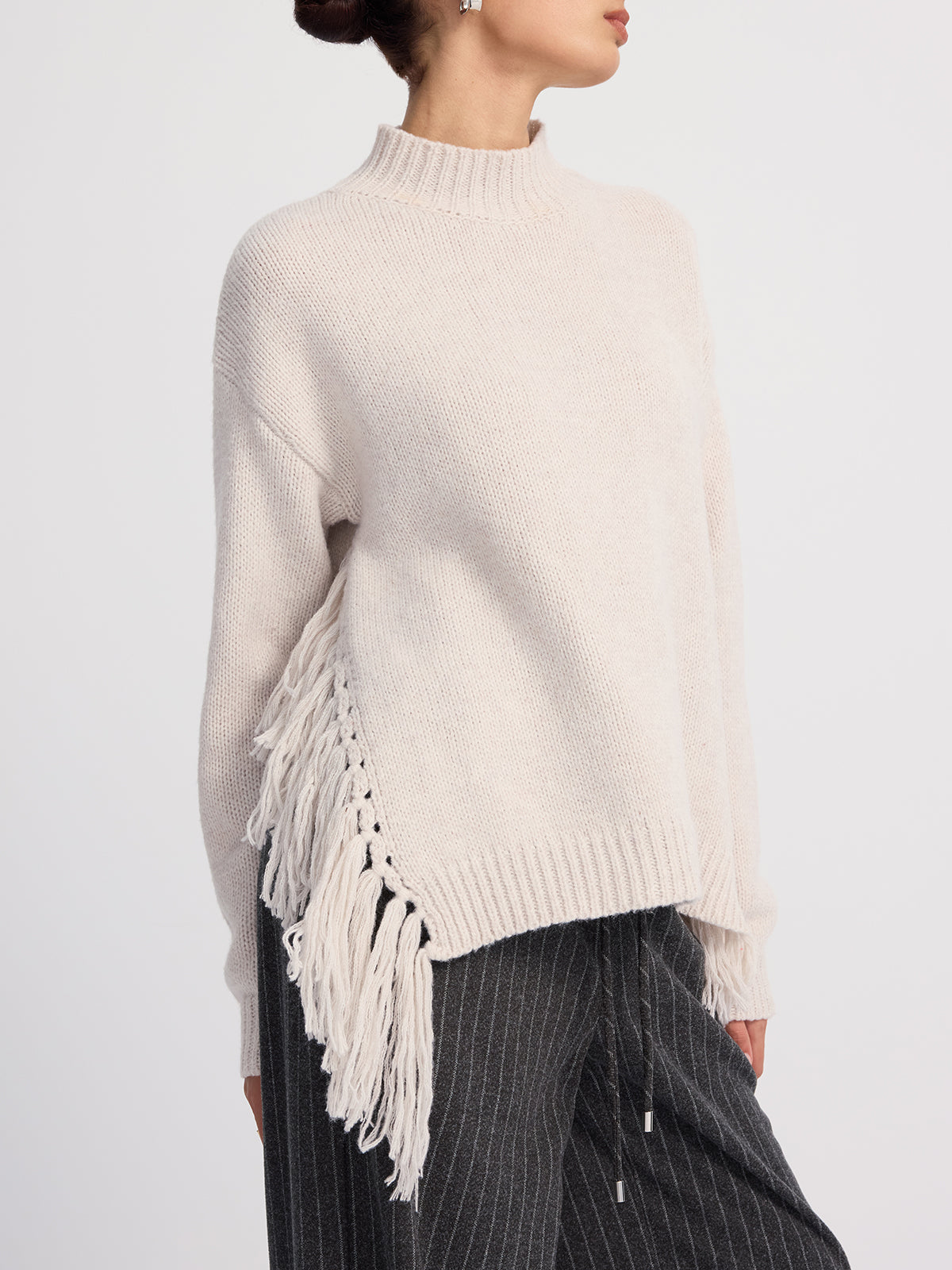 Oversized Fringe Mock-Neck Sweater-Chicvia