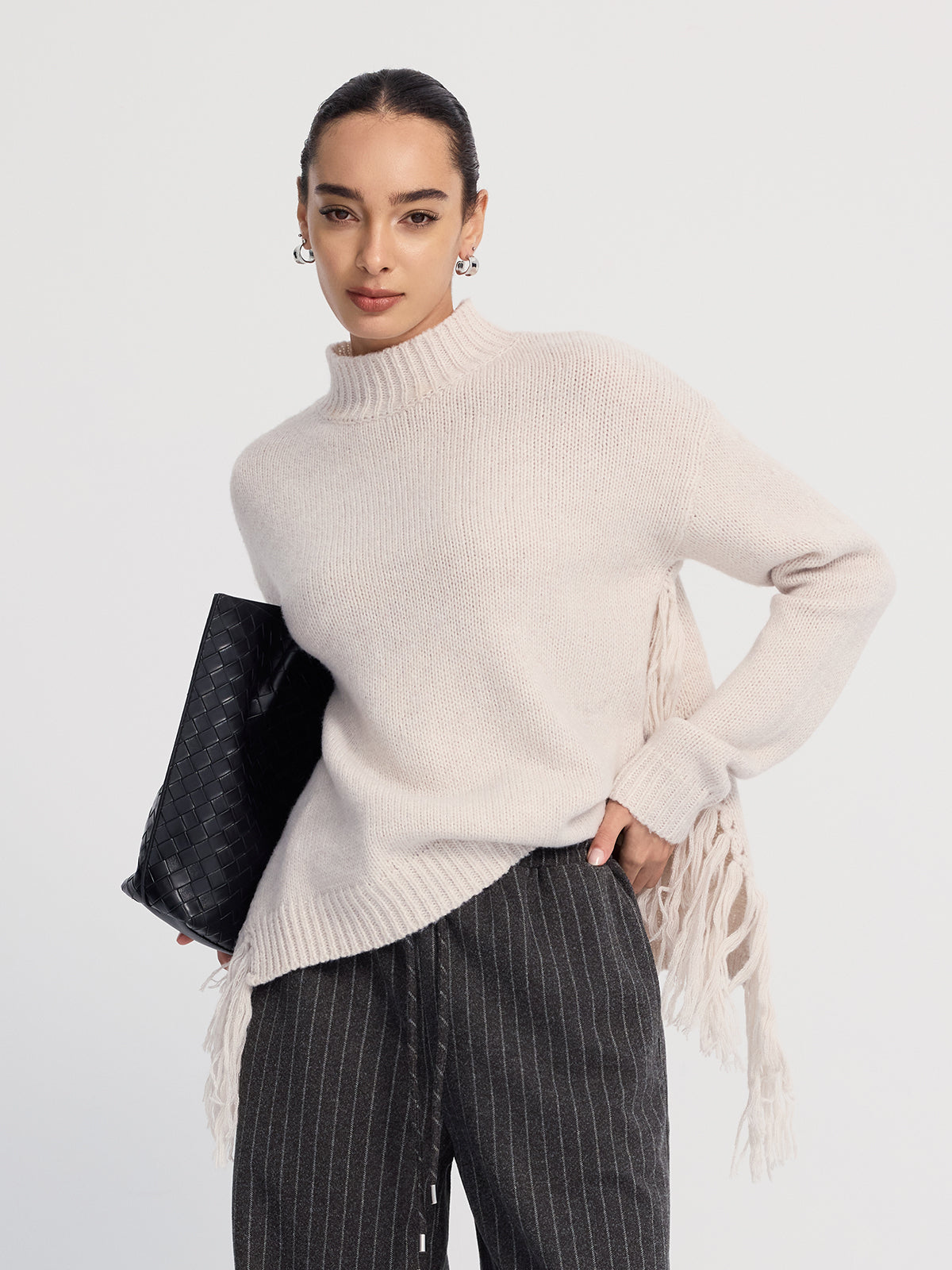 Oversized Fringe Mock-Neck Sweater-Chicvia