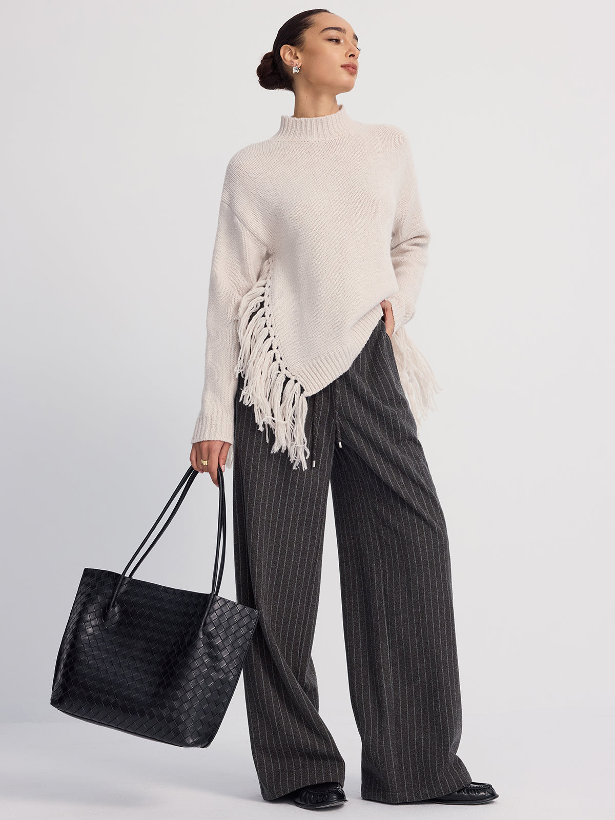 Oversized Fringe Mock-Neck Sweater-Chicvia