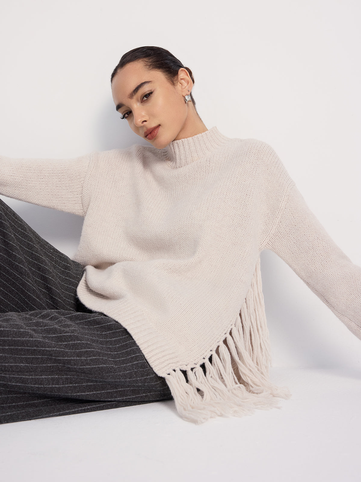 Oversized Fringe Mock-Neck Sweater-Chicvia