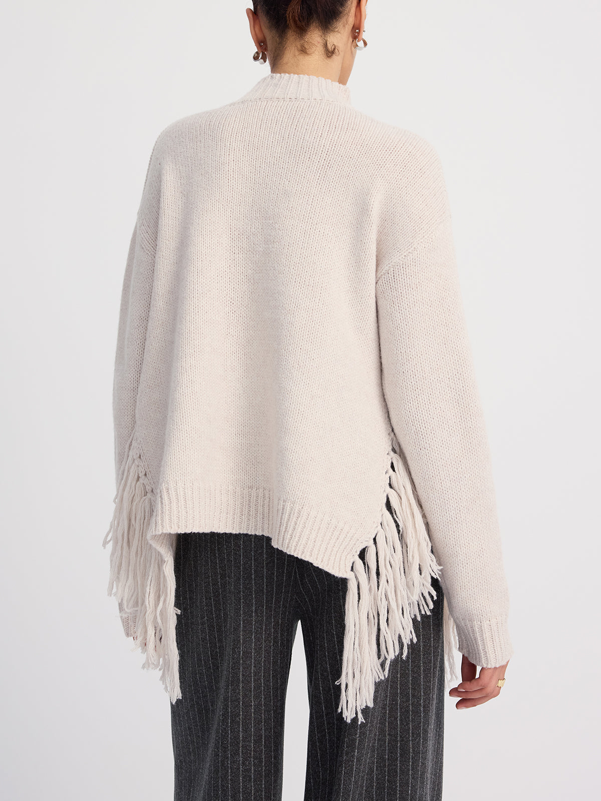 Oversized Fringe Mock-Neck Sweater-Chicvia