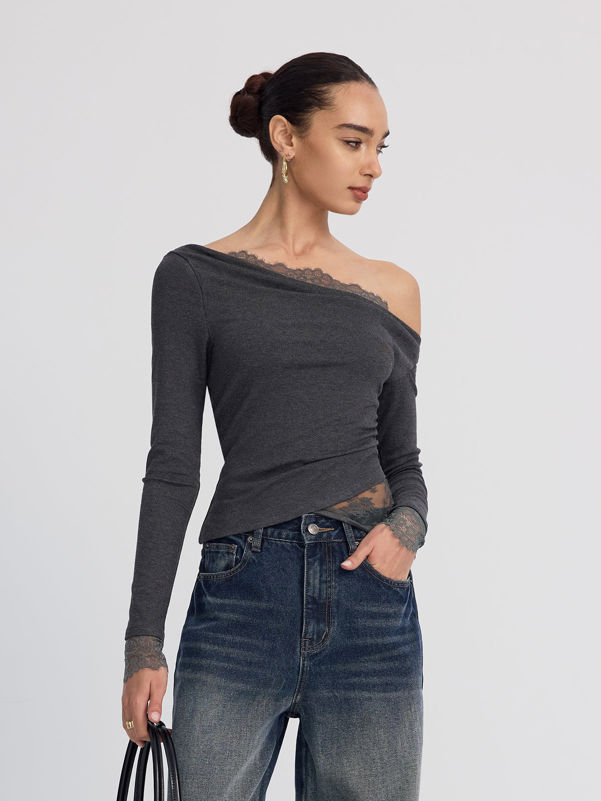 Off-Shoulder Lace-Trim Long-Sleeve Top-Chicvia