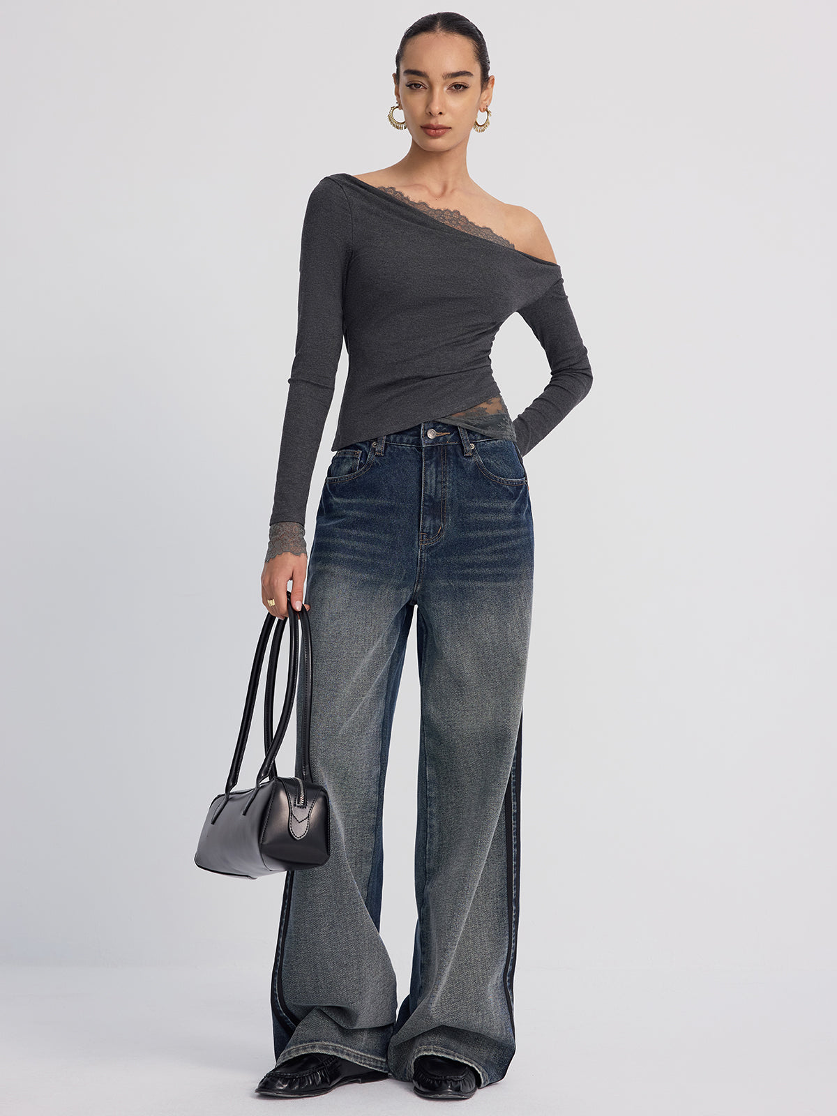 Off-Shoulder Lace-Trim Long-Sleeve Top-Chicvia