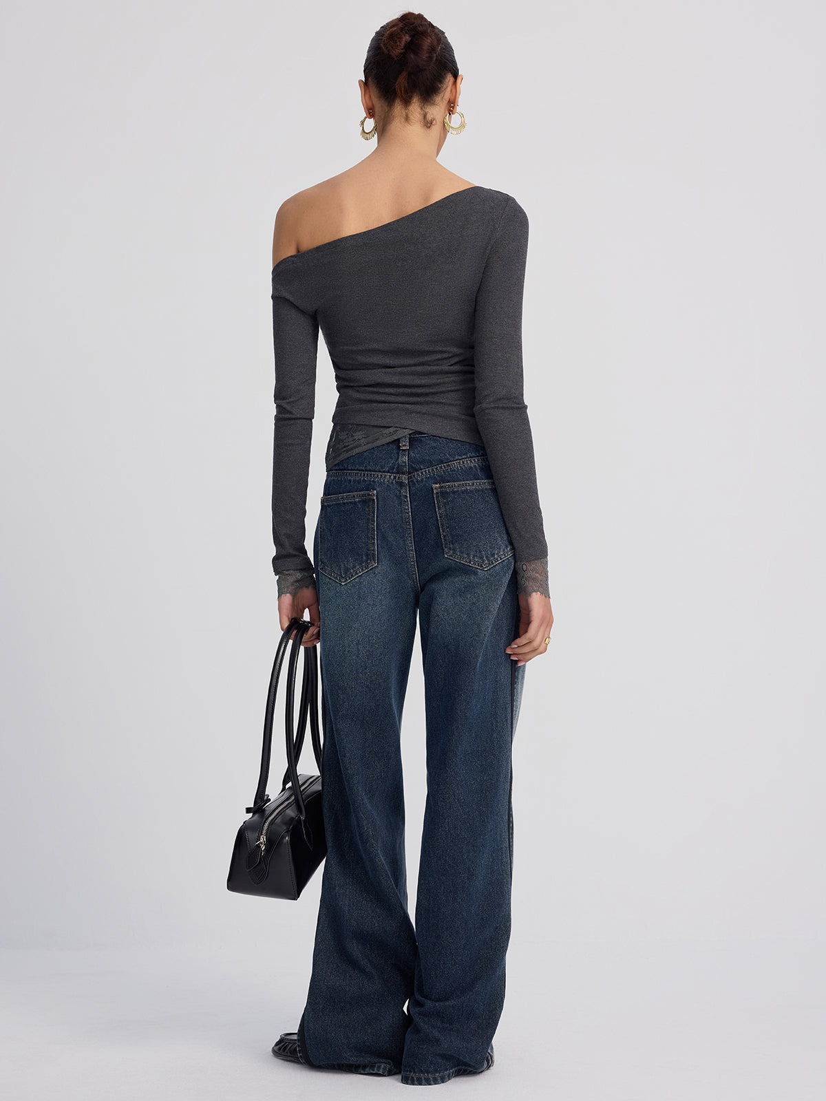 Off-Shoulder Lace-Trim Long-Sleeve Top-Chicvia