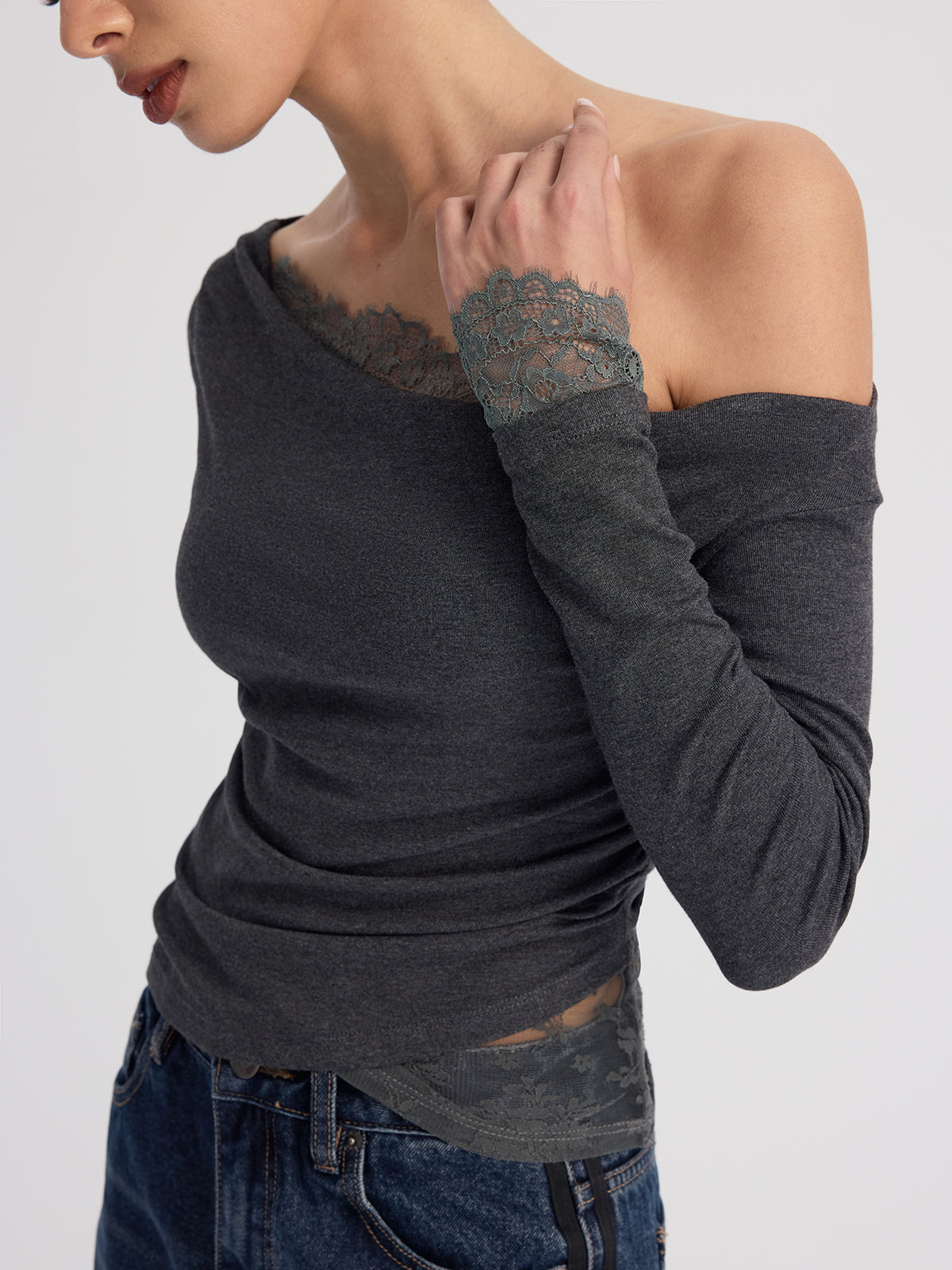 Off-Shoulder Lace-Trim Long-Sleeve Top-Chicvia