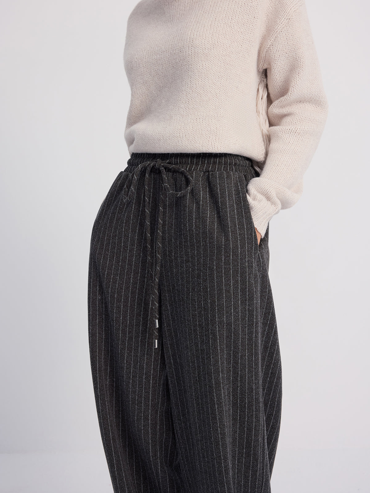 Pinstripe Wide-Leg Wool-Blend Pants-Chicvia