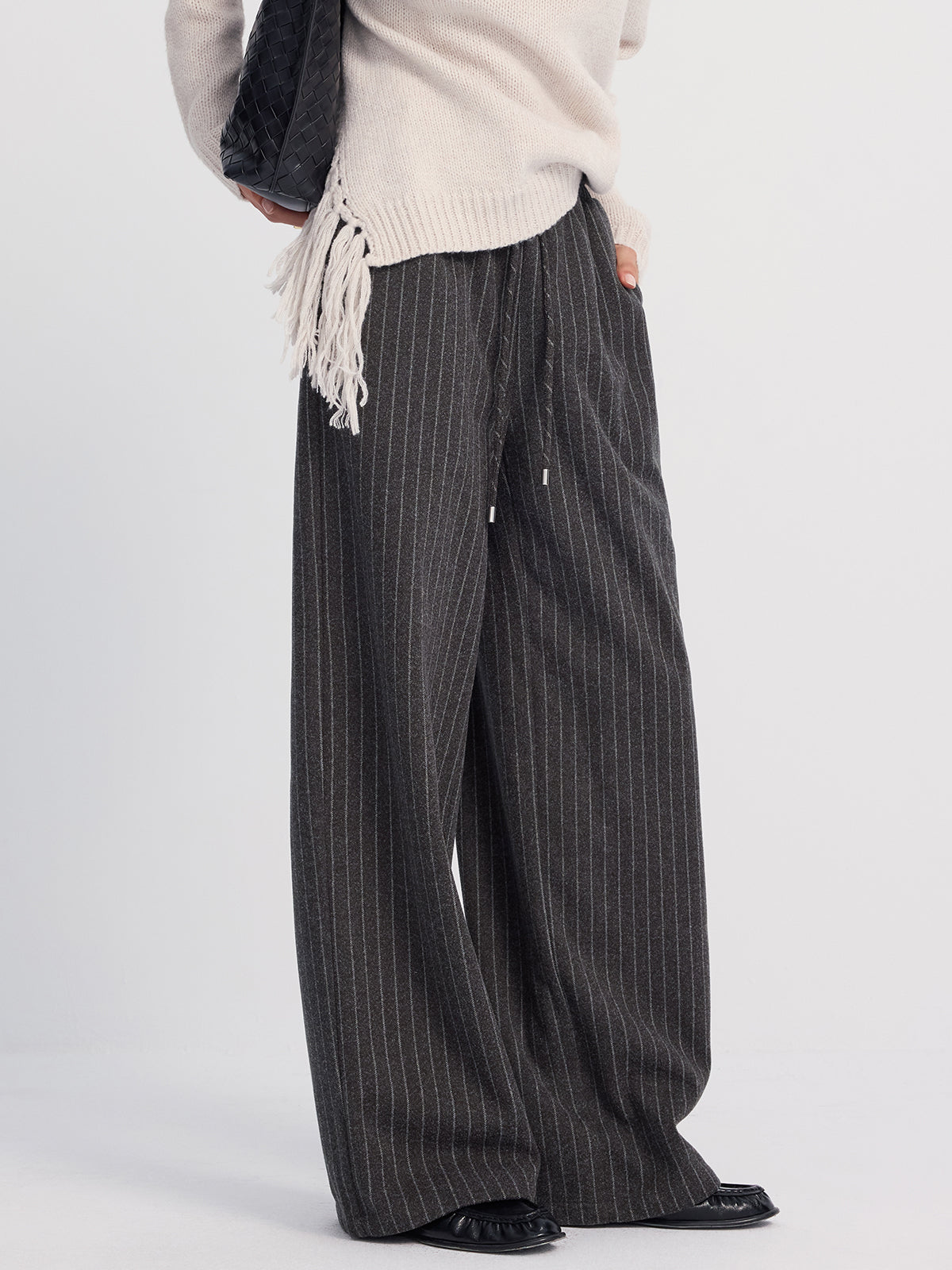 Pinstripe Wide-Leg Wool-Blend Pants-Chicvia