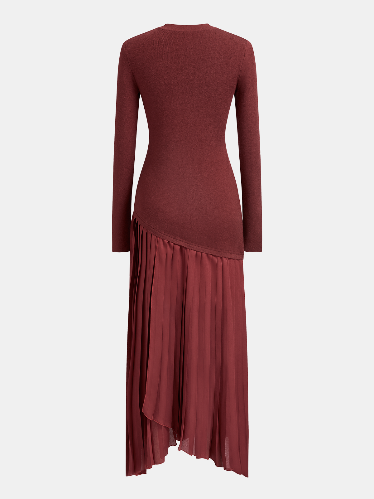 Long-Sleeve Pleated Panel Knit Maxi Dress-Chicvia
