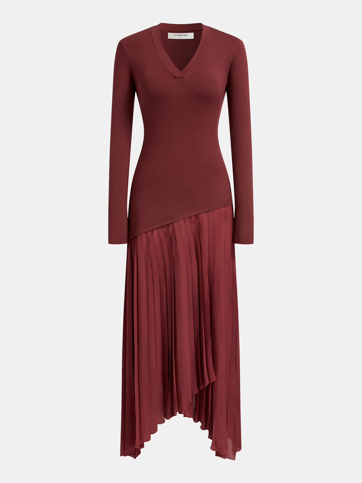 Long-Sleeve Pleated Panel Knit Maxi Dress-Chicvia