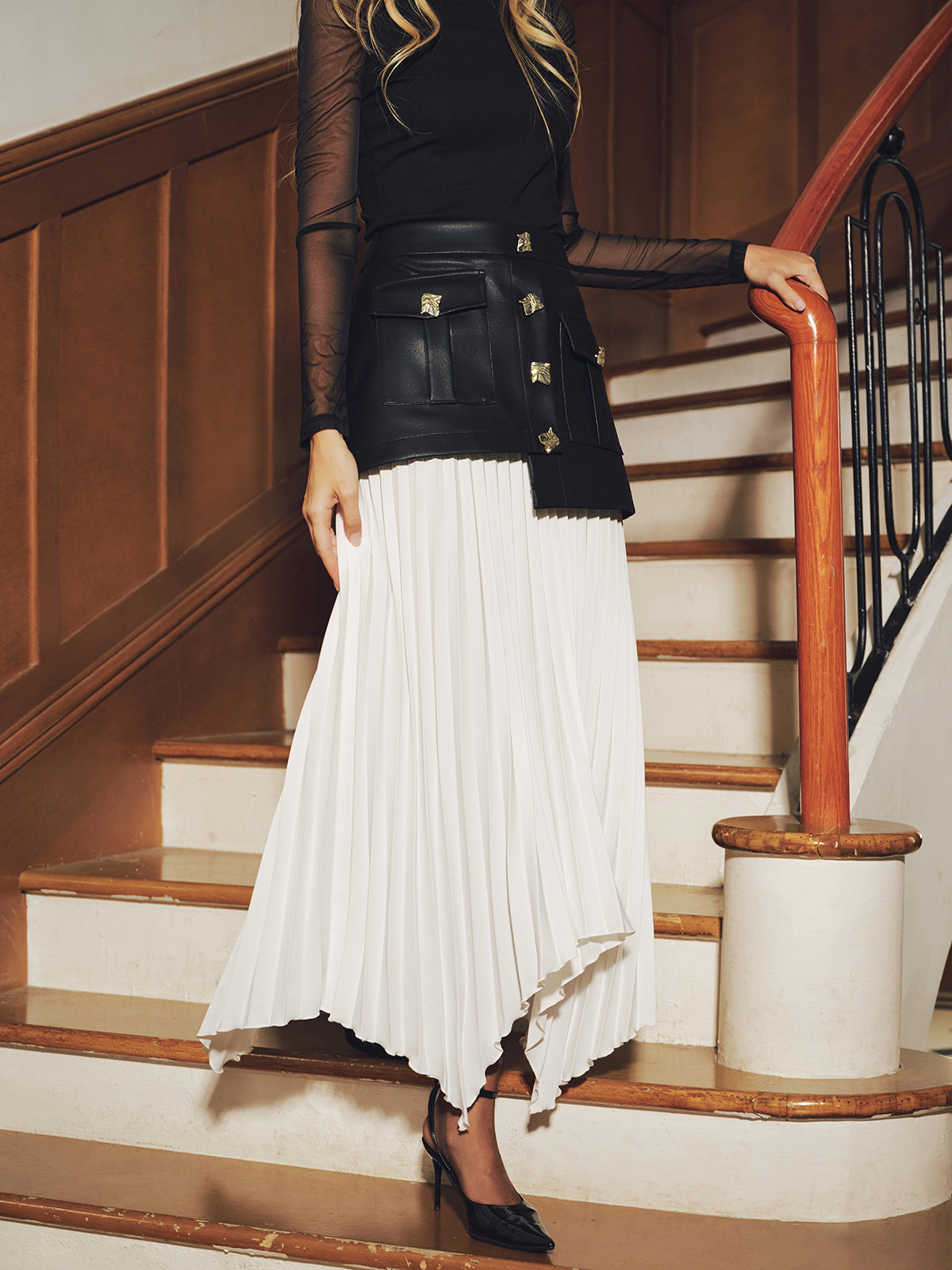 Faux Leather Paneled Asymmetric Pleated Maxi Skirt-Chicvia