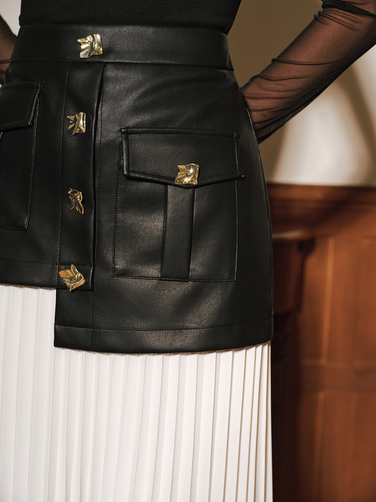 Faux Leather Paneled Asymmetric Pleated Maxi Skirt-Chicvia