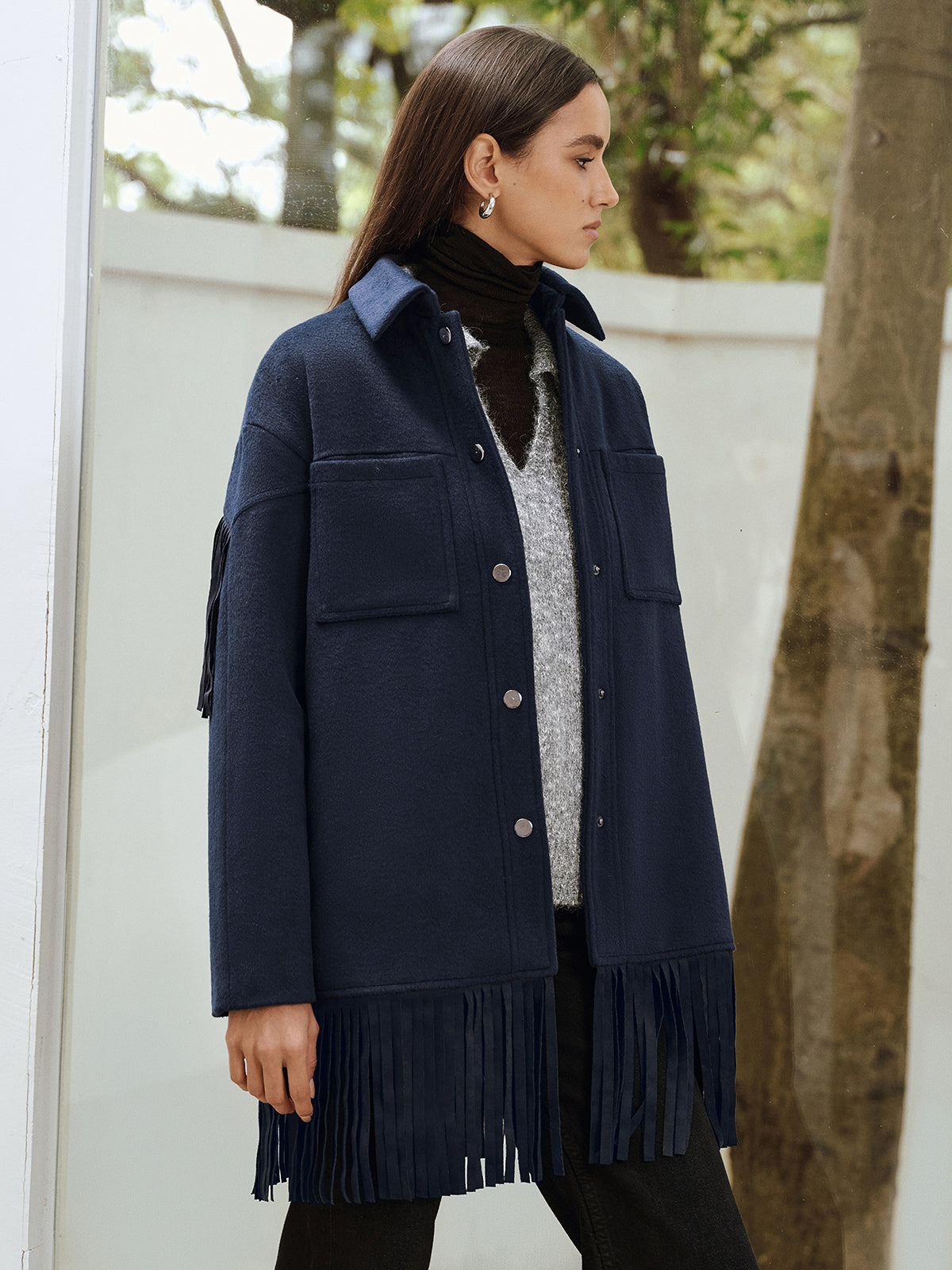 Fringe Detail Wool-Blend Collared Coat-Chicvia