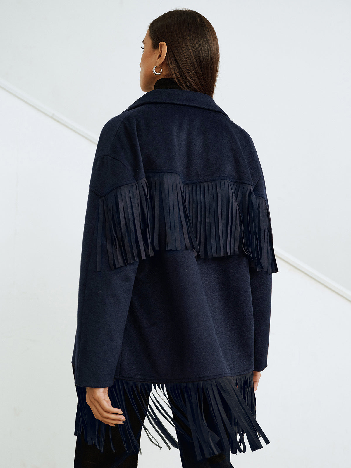 Fringe Detail Wool-Blend Collared Coat-Chicvia