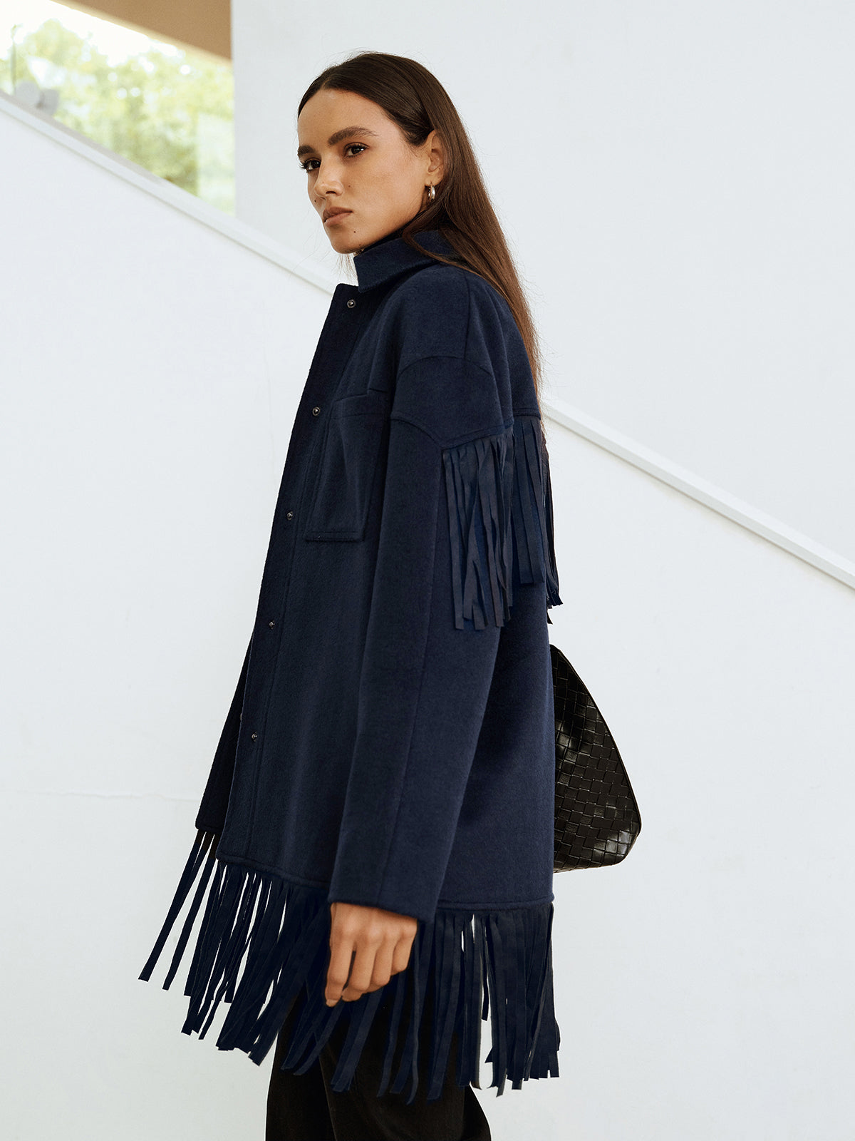 Fringe Detail Wool-Blend Collared Coat-Chicvia