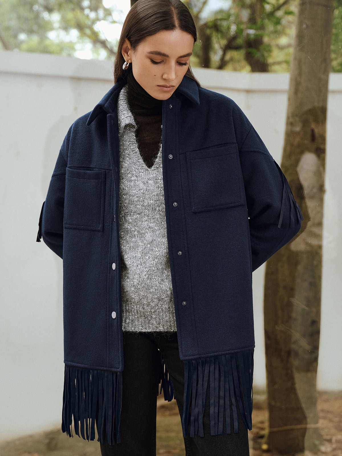 Fringe Detail Wool-Blend Collared Coat-Chicvia