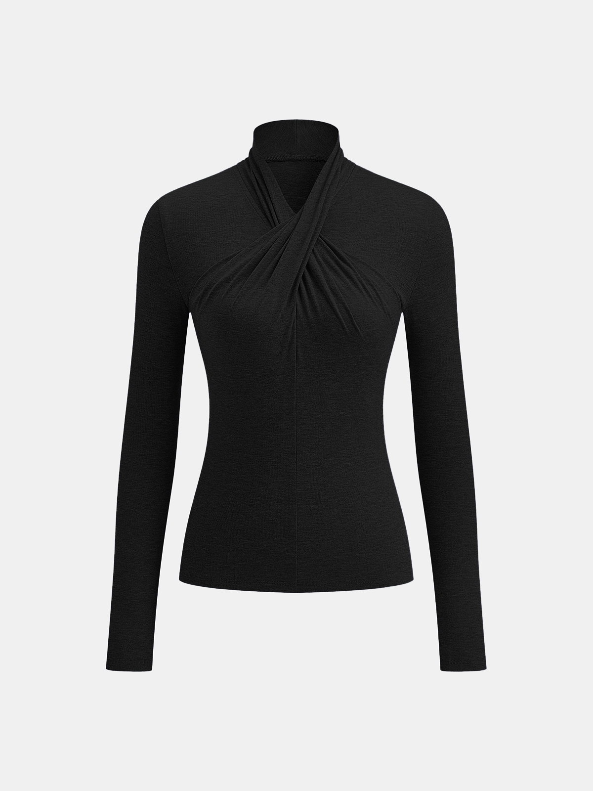 Cross Neck Long Sleeve Knit T-Shirt-Chicvia