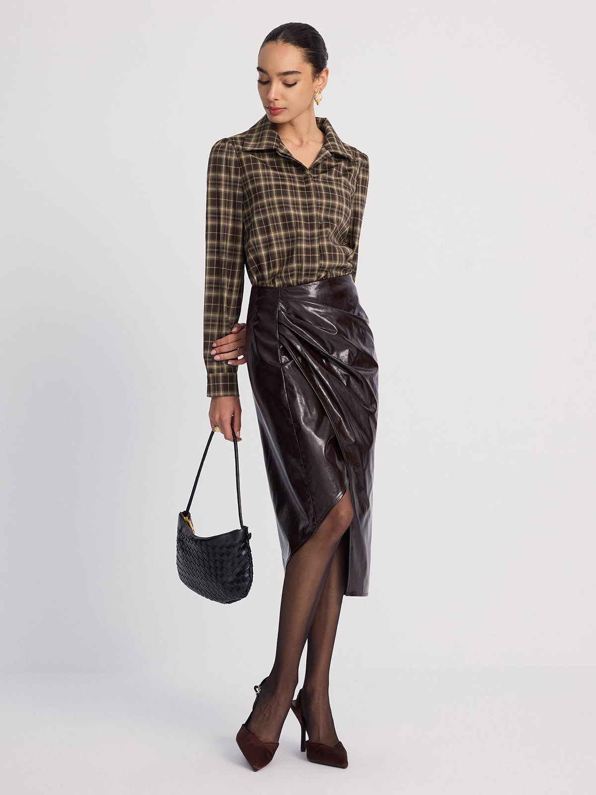 Collared Puff-Sleeve Plaid Bodysuit-Chicvia