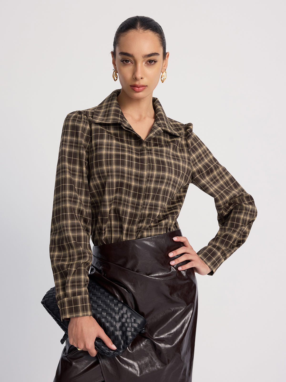 Collared Puff-Sleeve Plaid Bodysuit-Chicvia