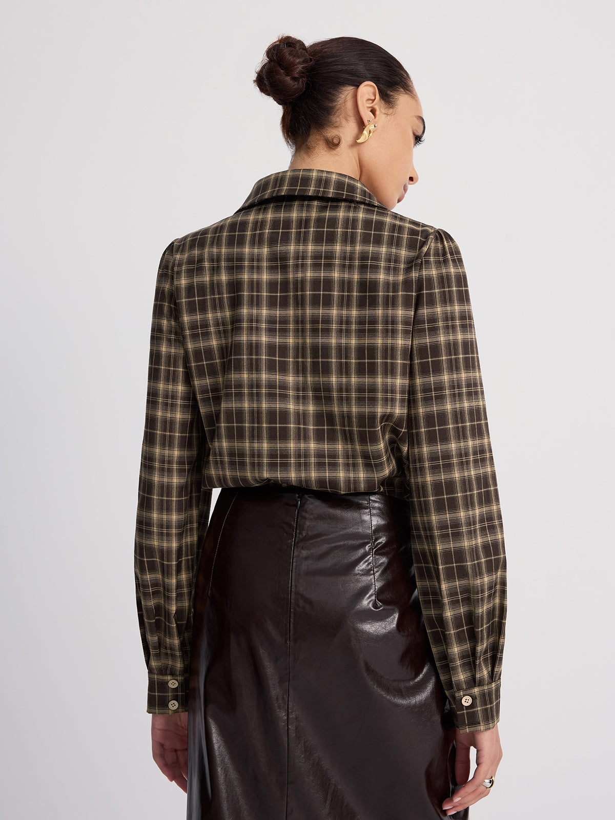 Collared Puff-Sleeve Plaid Bodysuit-Chicvia