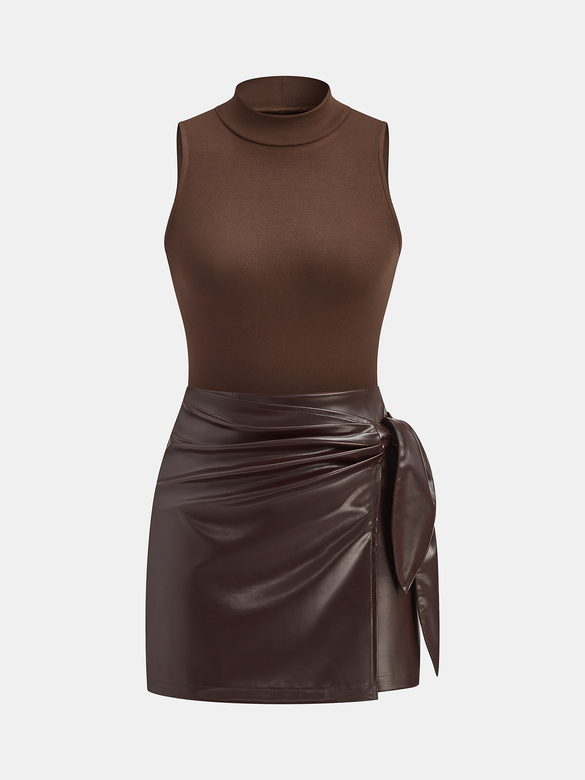Mock Neck Top with Faux Leather Skirt Set-Chicvia