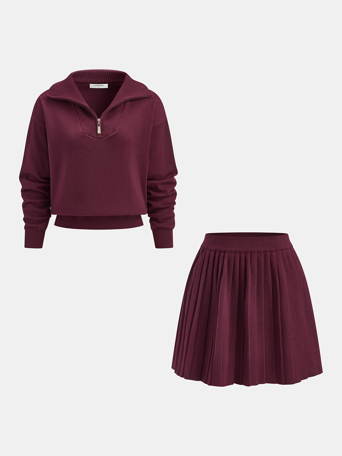 Half-Zip Knit Top & Pleated Skirt Set-Chicvia
