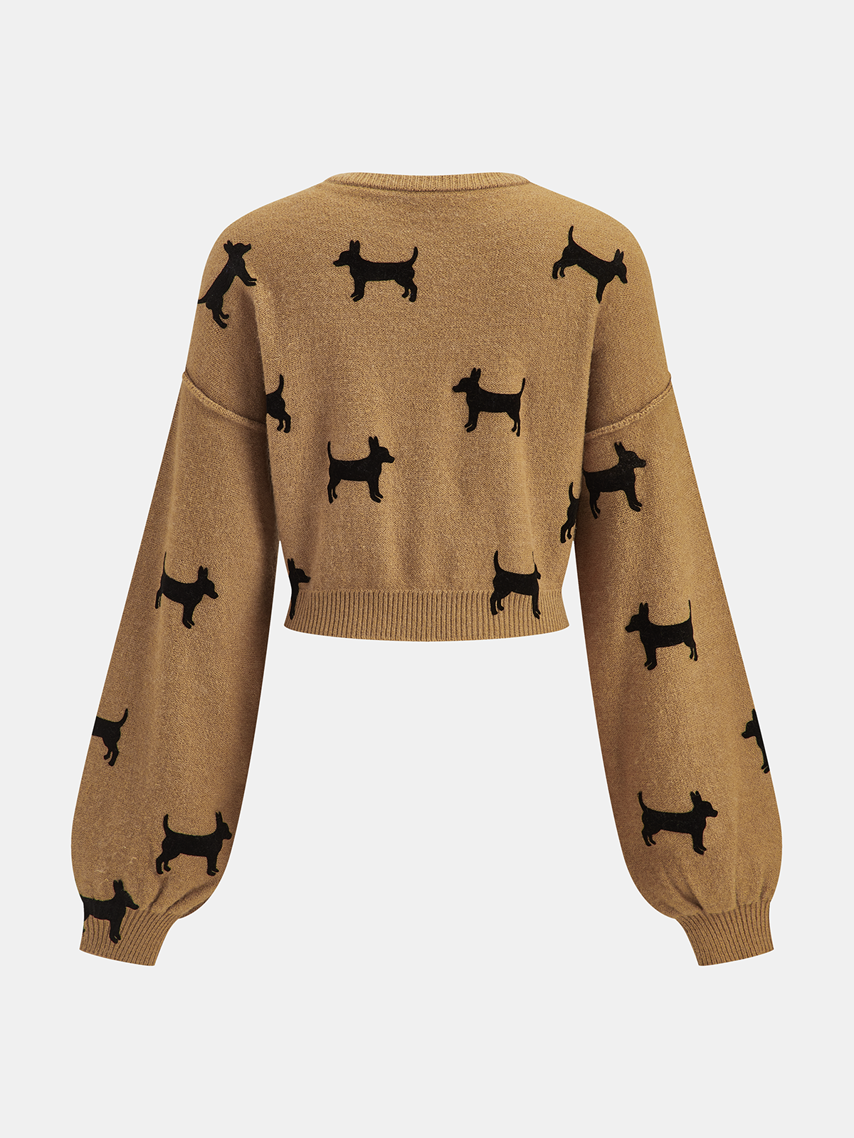 Dog-Print Balloon Sleeve Cropped Sweater-Chicvia