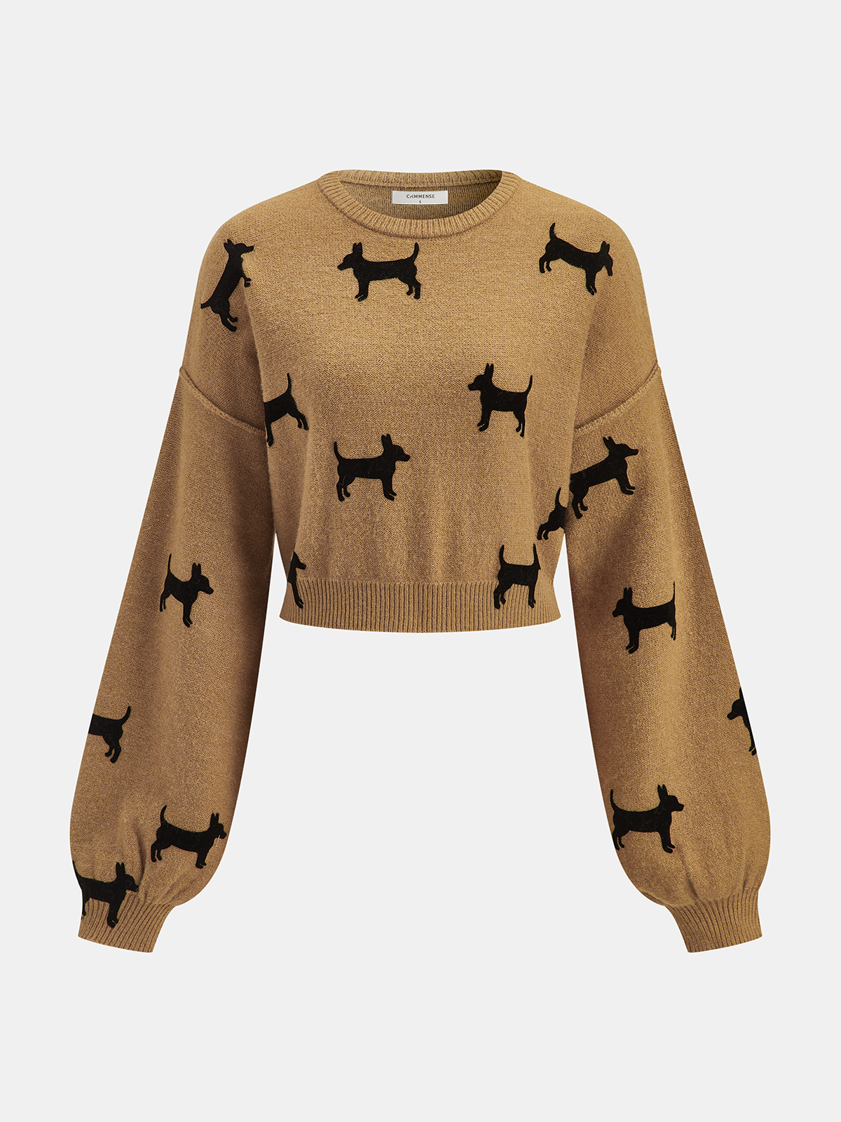 Dog-Print Balloon Sleeve Cropped Sweater-Chicvia