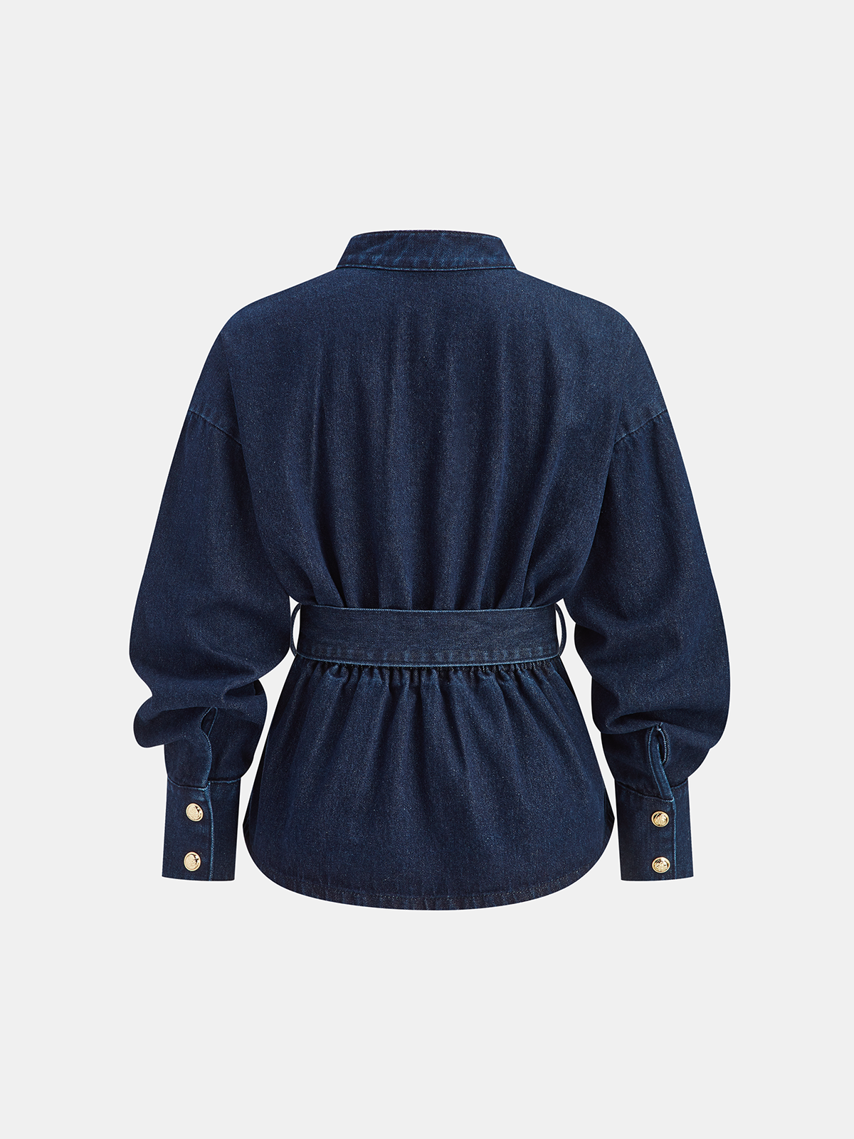 Pleated Belted Denim Peplum Top-Chicvia