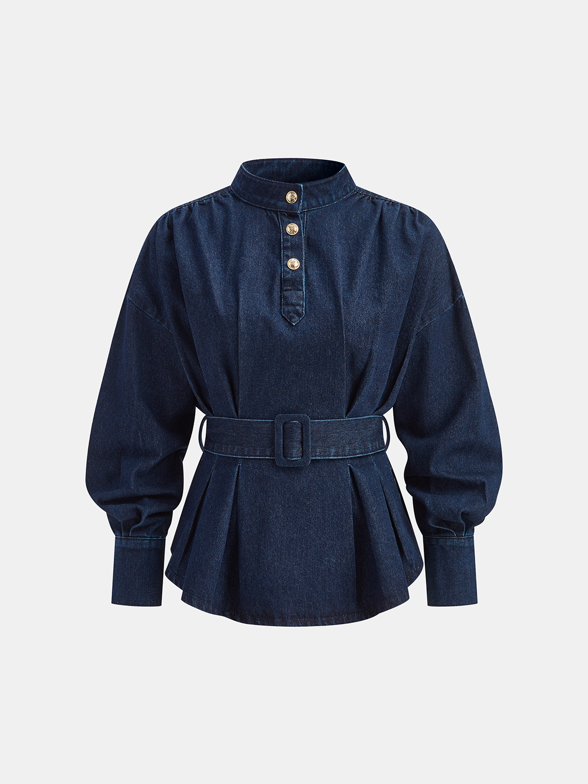 Pleated Belted Denim Peplum Top-Chicvia
