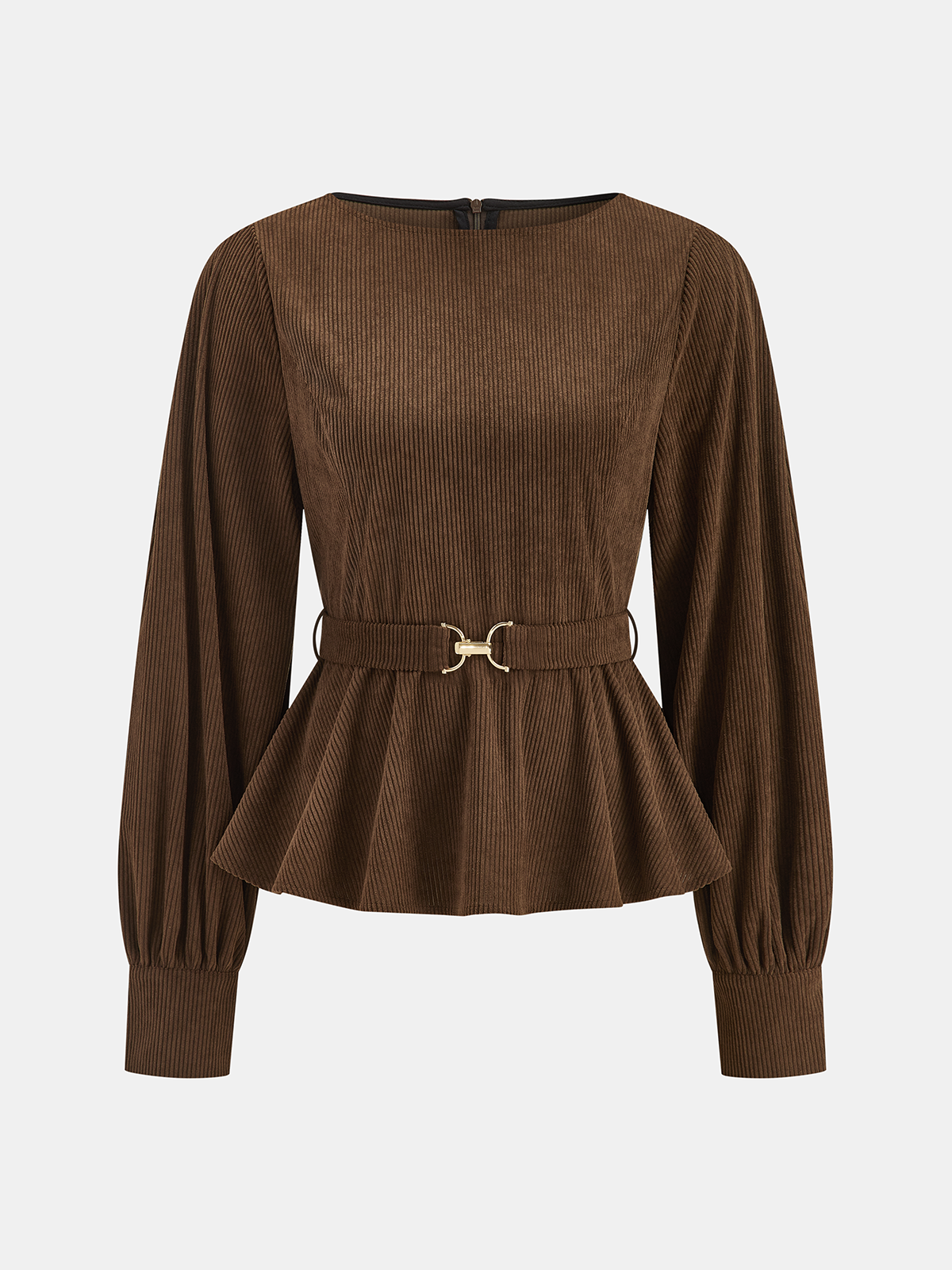 Belted Peplum Corduroy Balloon-Sleeve Top-Chicvia