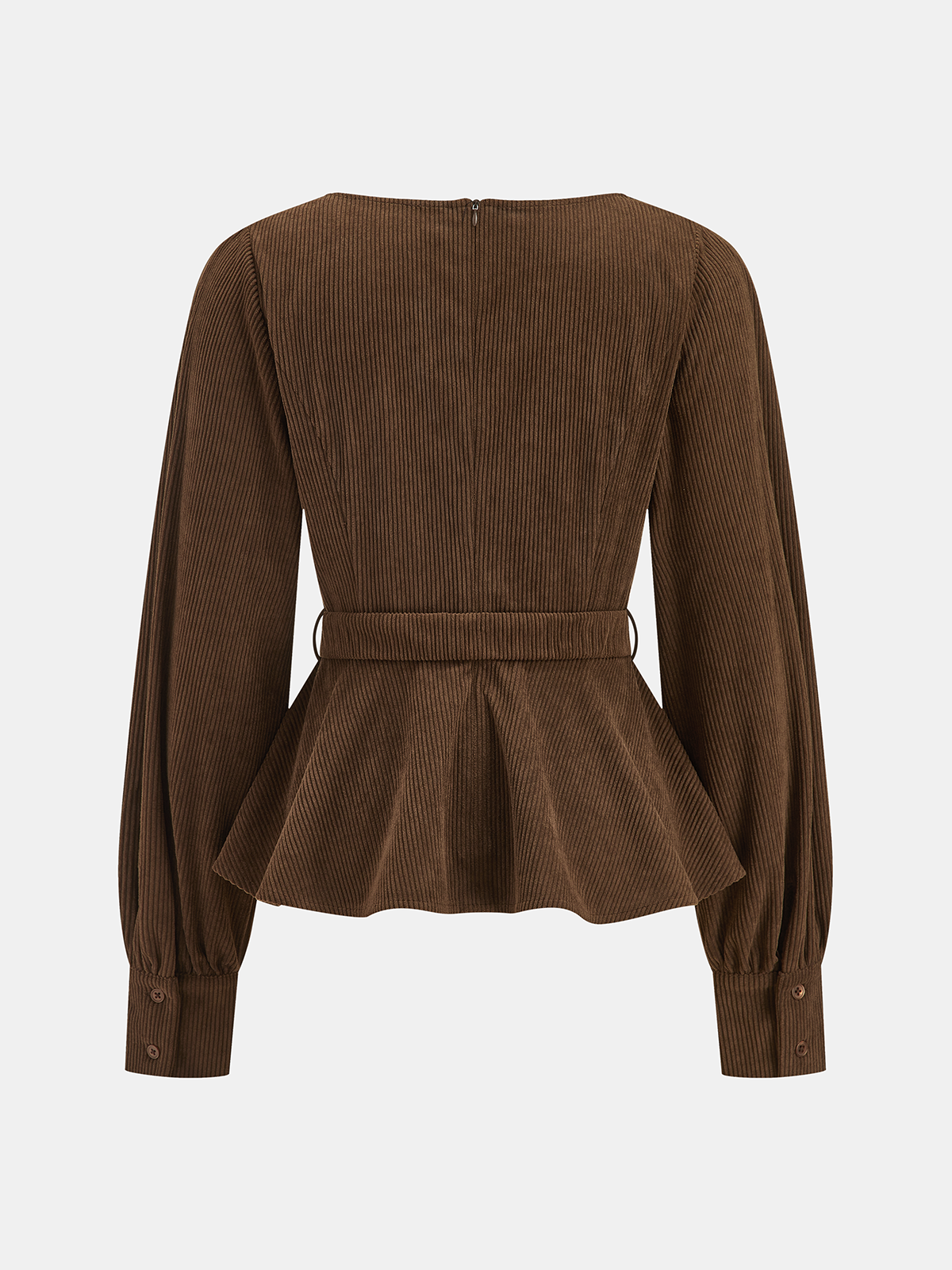 Belted Peplum Corduroy Balloon-Sleeve Top-Chicvia