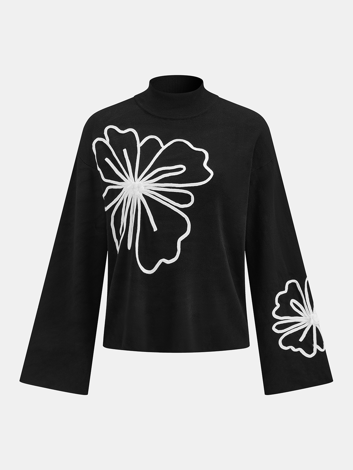 Mock Neck Floral Embroidered Oversized Knit Sweater-Chicvia