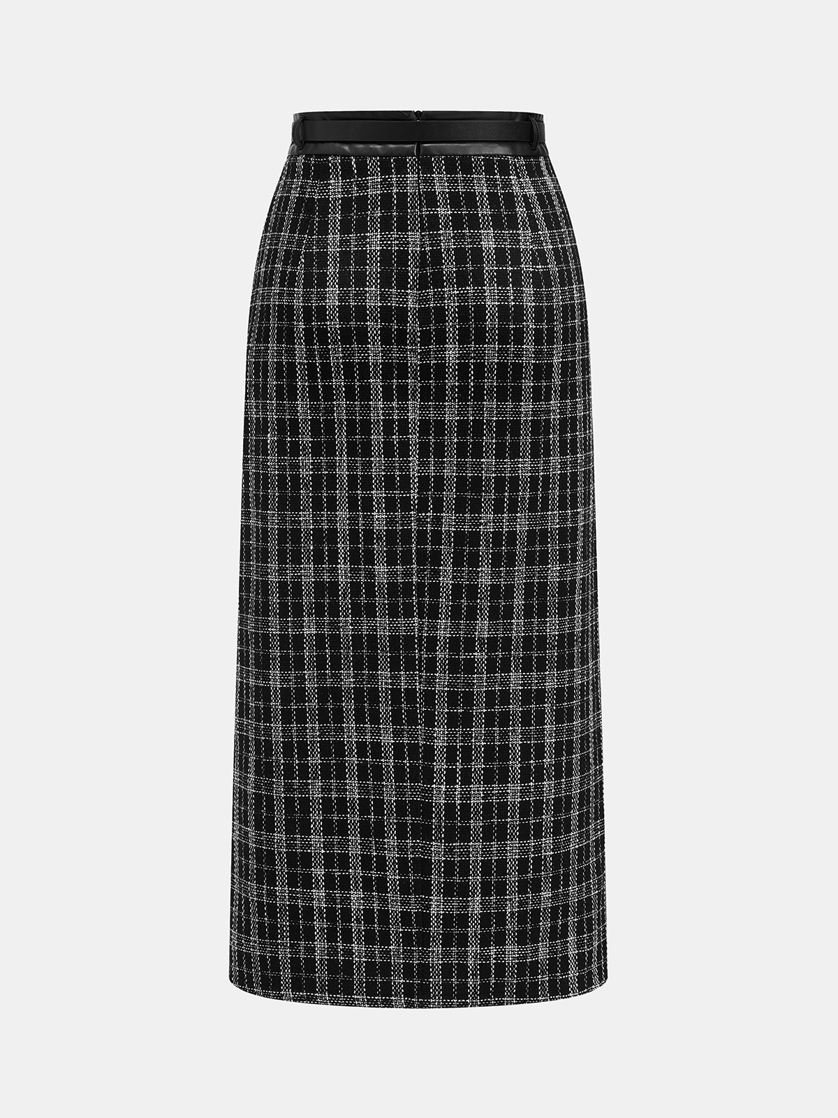 Belted Plaid Tweed Skirt-Chicvia