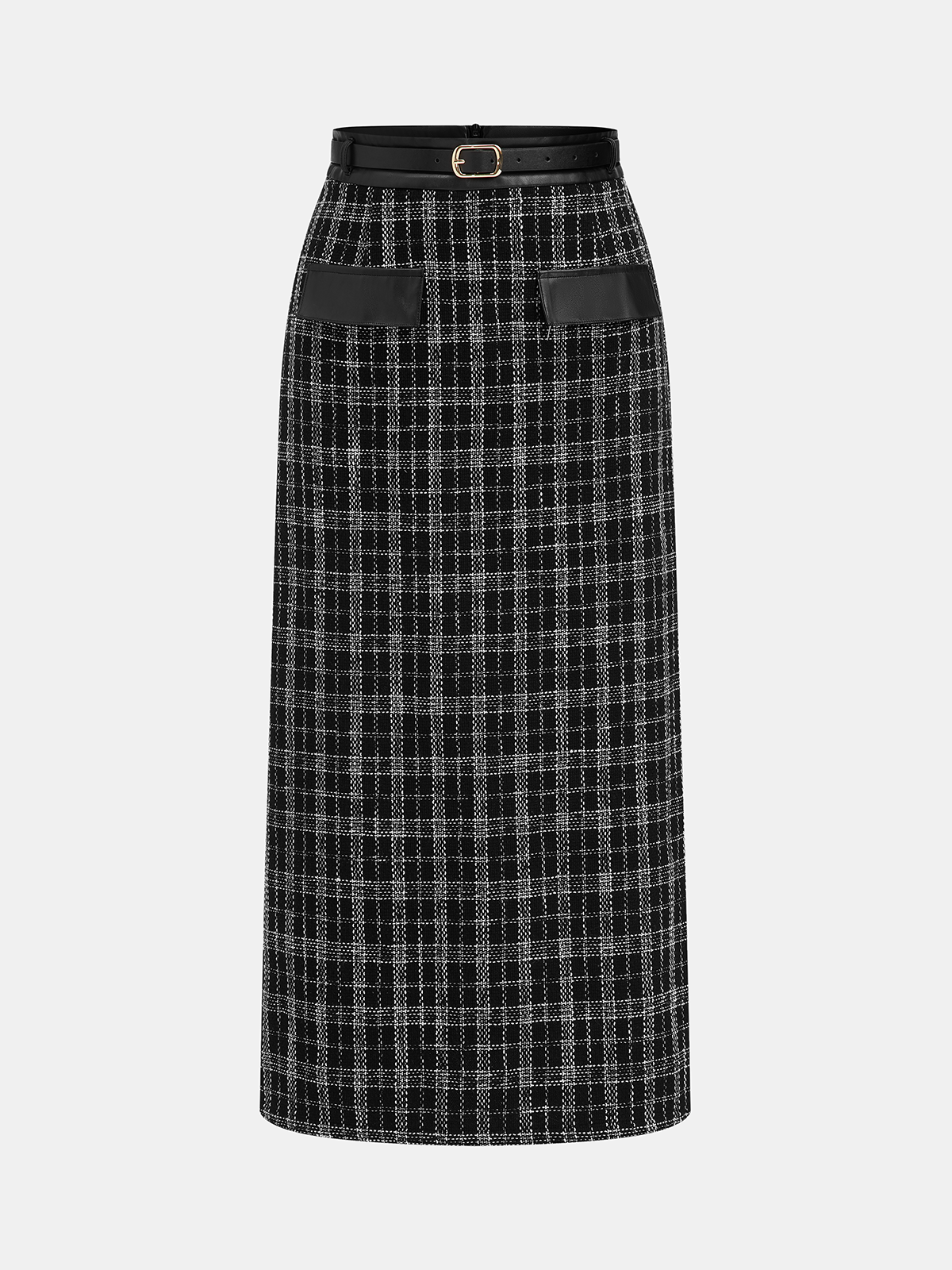 Belted Plaid Tweed Skirt-Chicvia