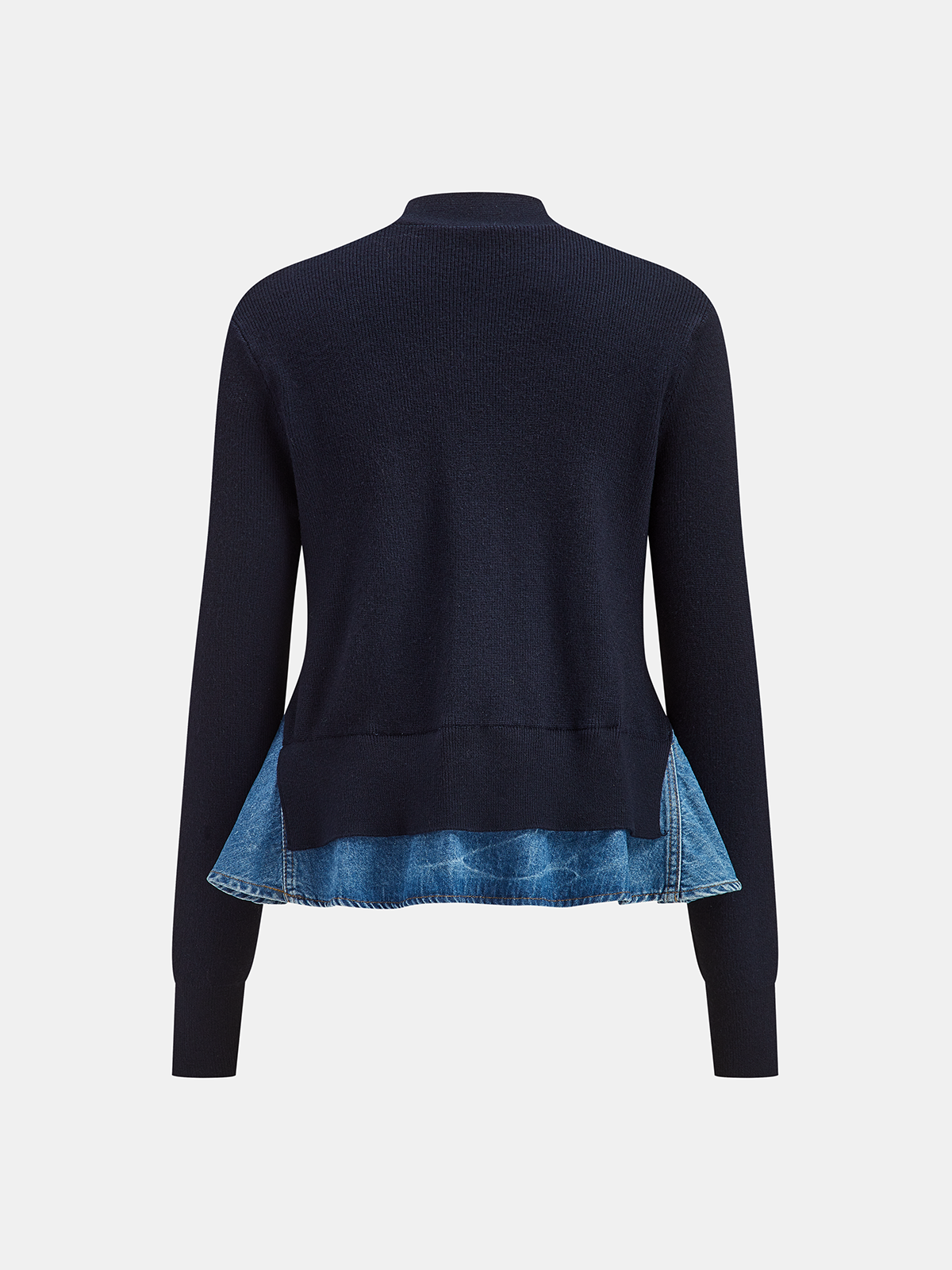 Denim-Paneled Ruffled V-Neck Knit Cardigan-Chicvia