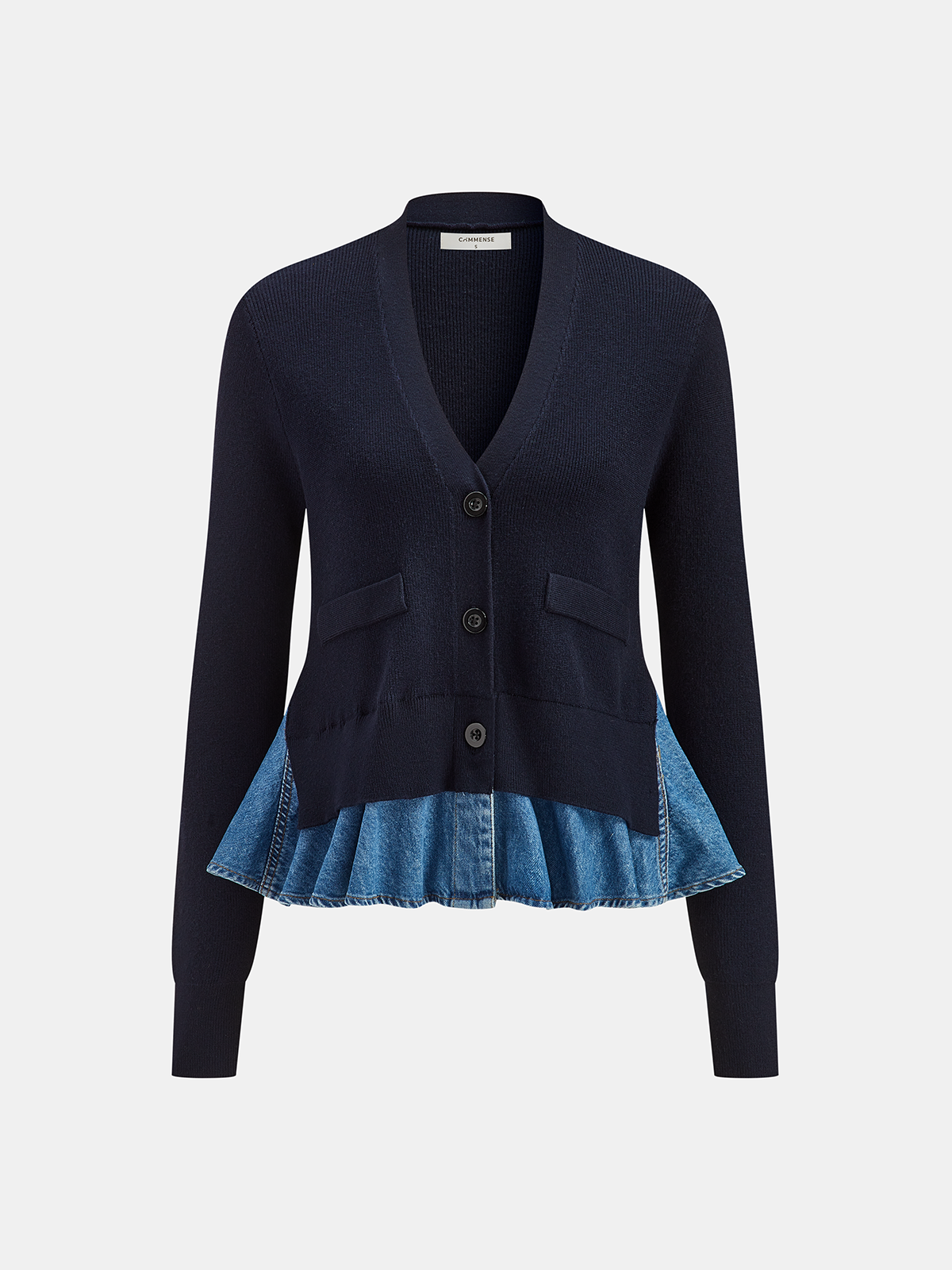 Denim-Paneled Ruffled V-Neck Knit Cardigan-Chicvia