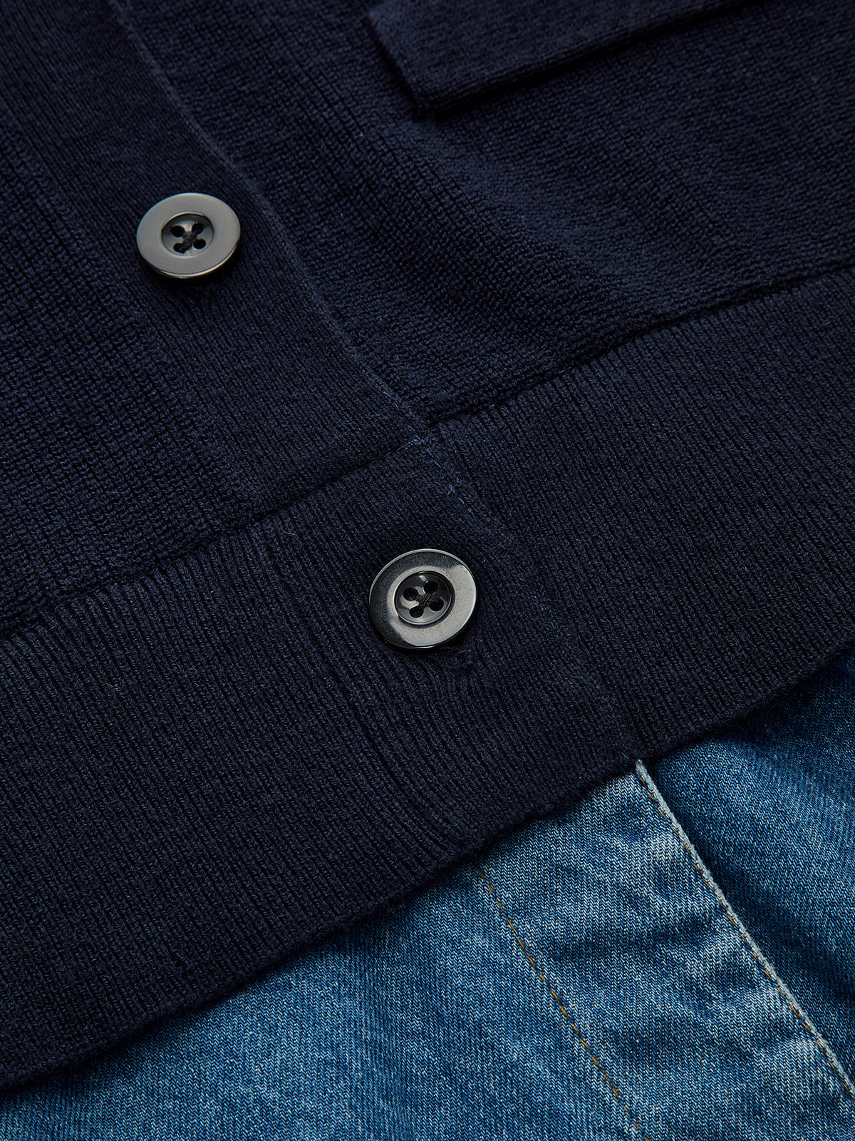 Denim-Paneled Ruffled V-Neck Knit Cardigan-Chicvia