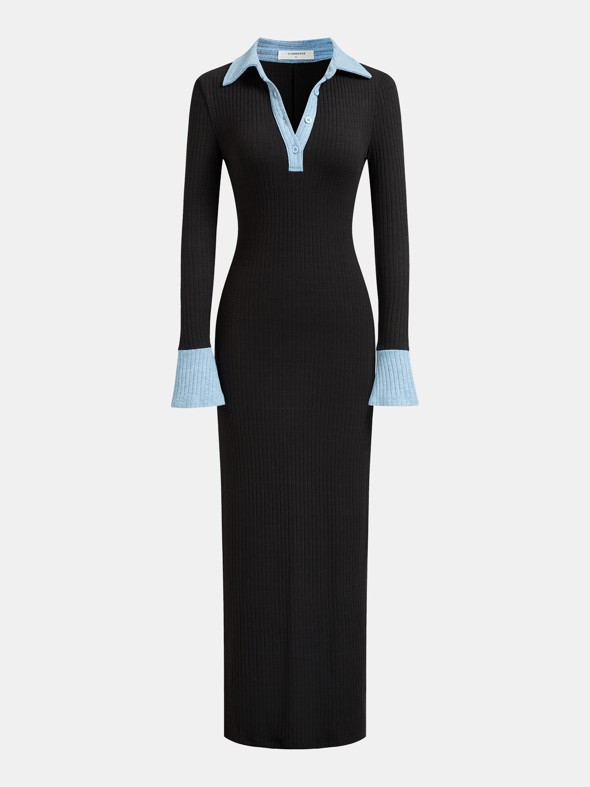 Color-Block Polo-Collar Fitted Dress-Chicvia