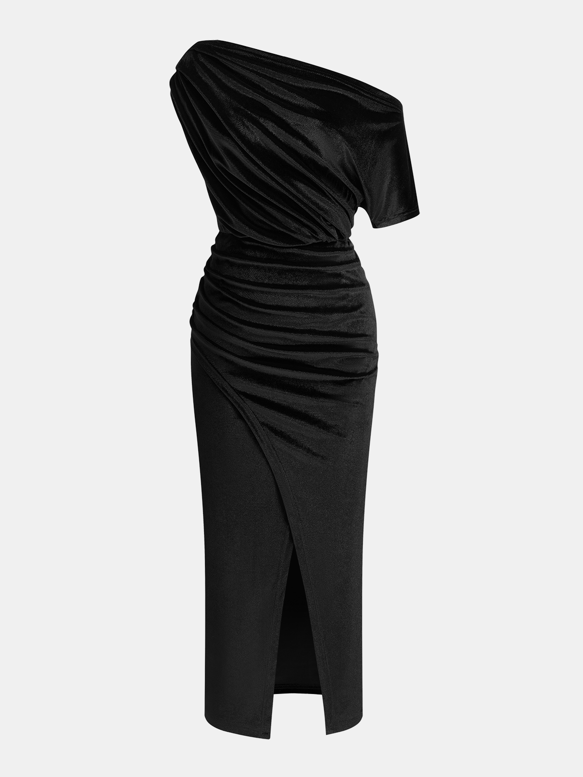 One-Shoulder Ruched Velvet Dress-Chicvia