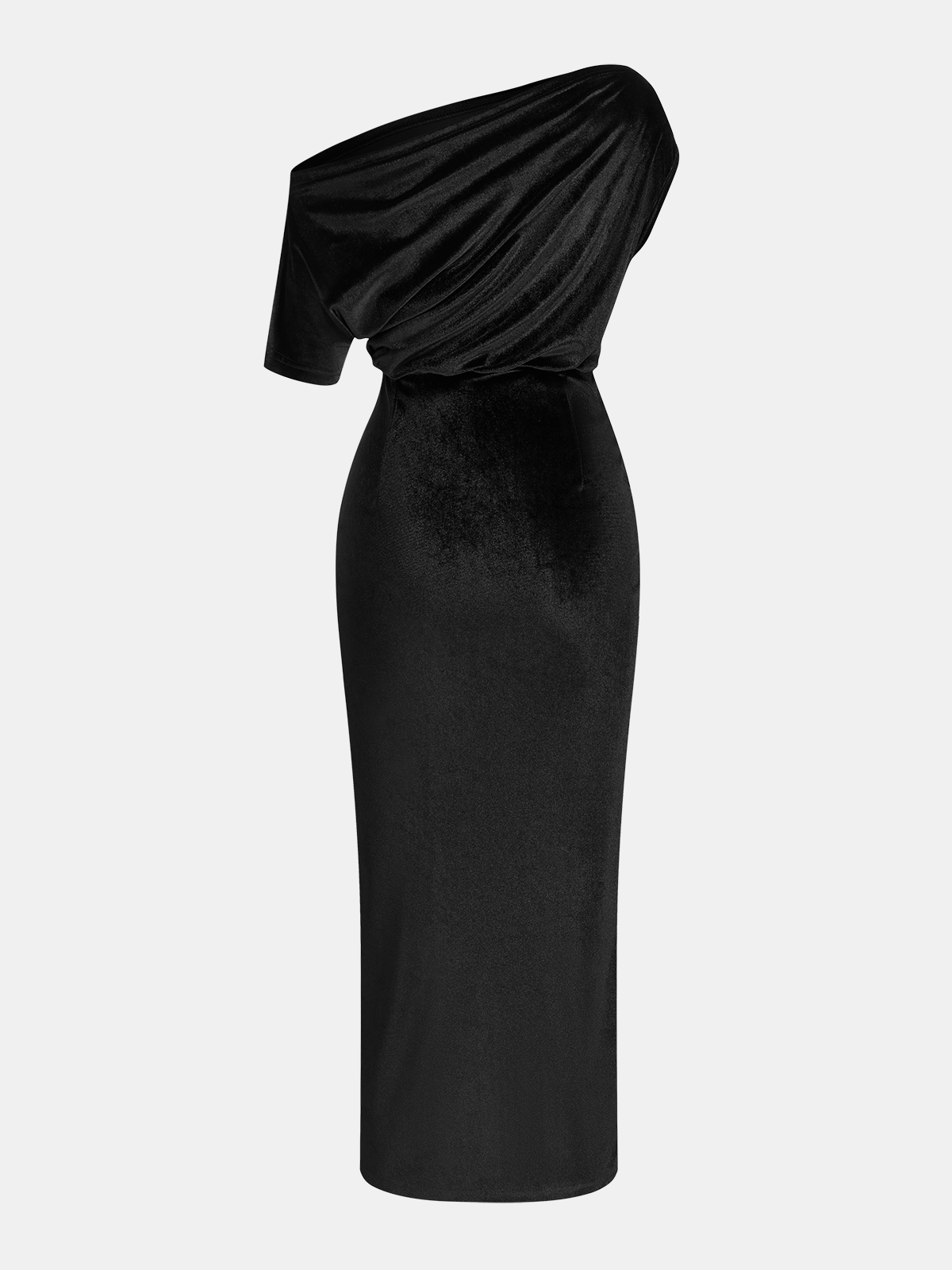 One-Shoulder Ruched Velvet Dress-Chicvia