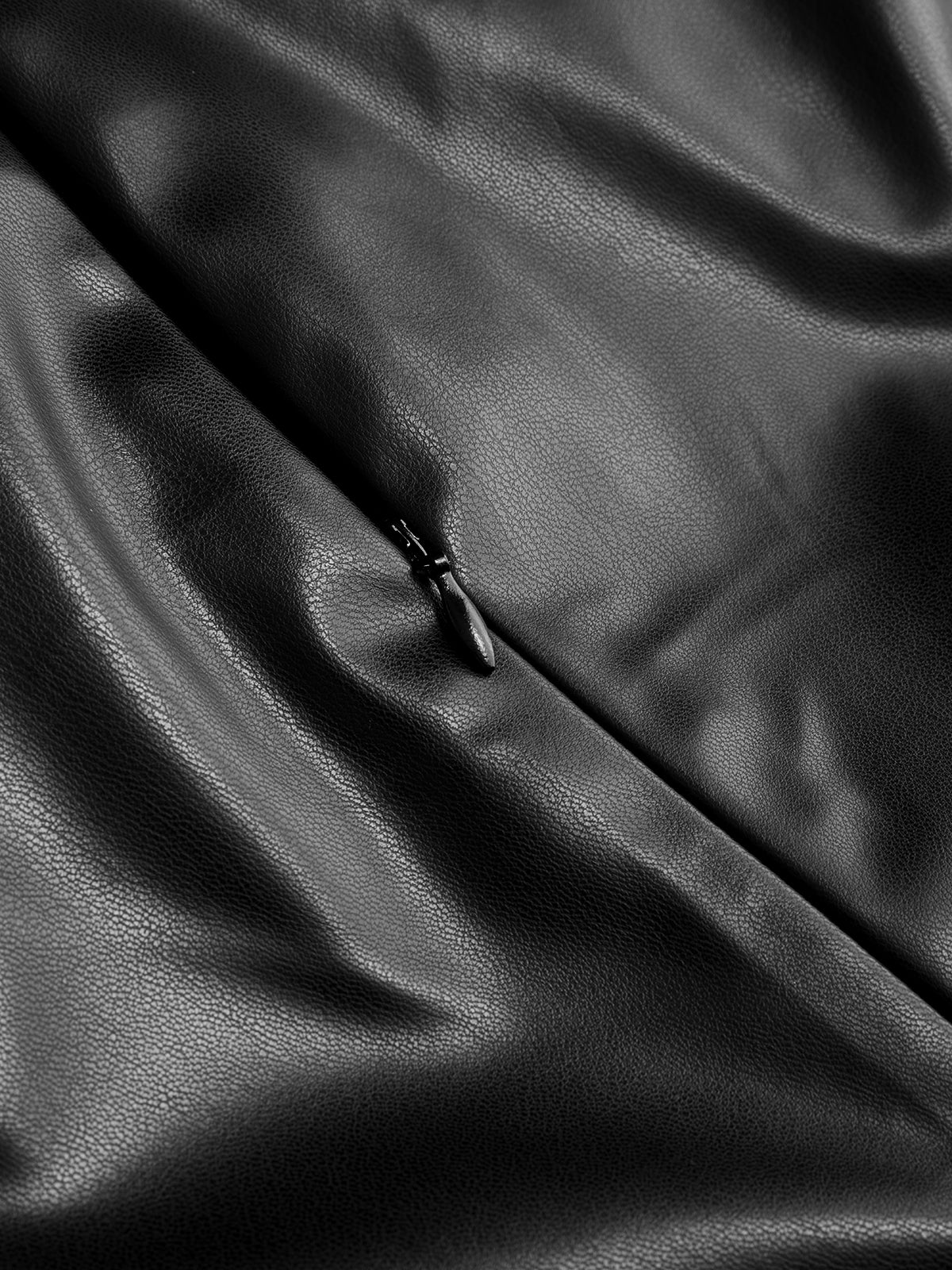 Draped Faux Leather Midi Dress with Side Slit-Chicvia